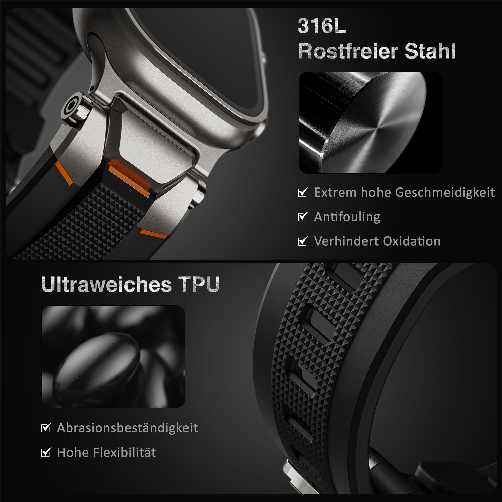 ULTIMAL Armband kompatibel mit Apple Watch Ultra 3/2/1 (49mm), Series 11/10/9/8/7/6/5/4 SE (46mm/45mm/44mm), Taktisches Herren-Armband, Robustes TPU Sportarmband, Wasserdicht, 155-225m Schwarz+Silber