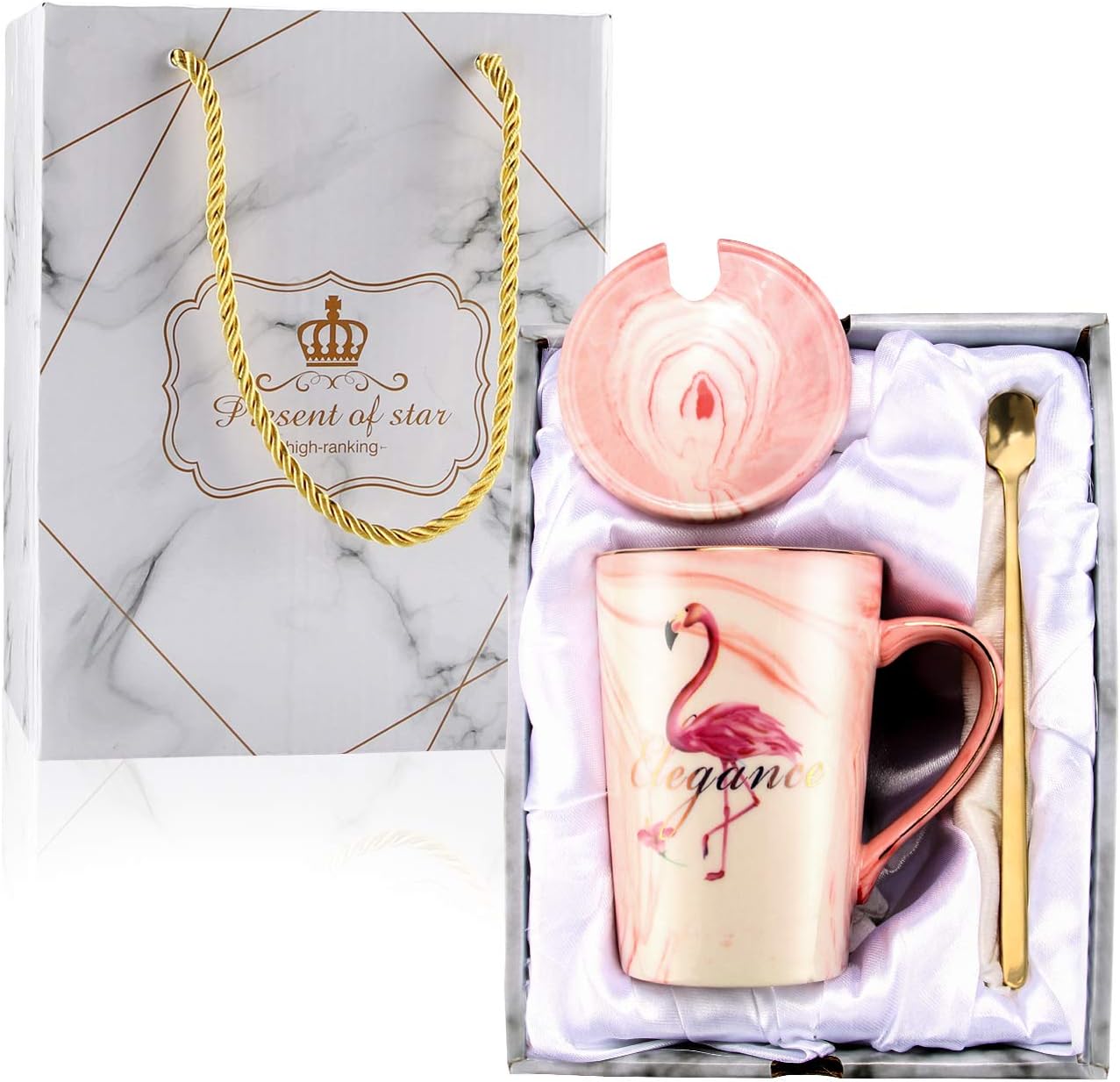 Flamingo Gifts Coffee Mugs for Women Ceramic Coffee Mug with Lid and Handle Tea Mug Cup Funny Birthday Gifts Ideas for Women, Mom, Friends, Grandma, Wife, Mothers Day Novelty Mug Gift Set Pink 12 Oz