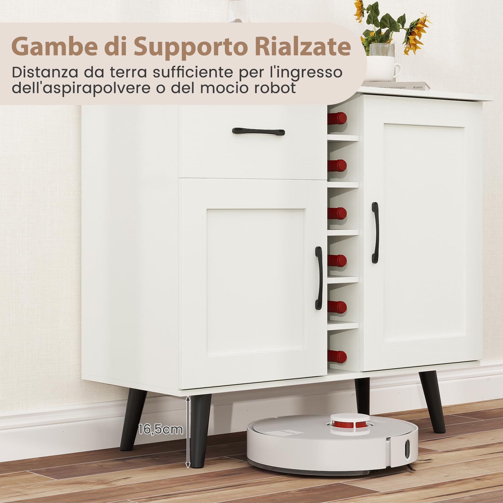 RELAX4LIFE Mobile Bar per Vino, Credenza con 2 Ante e 1 Cassetto, Porta Bottiglie da 6, Ripiani Regolabili, Credenza con Spazio per Vino per Cucina, Sala da Pranzo, Soggiorno