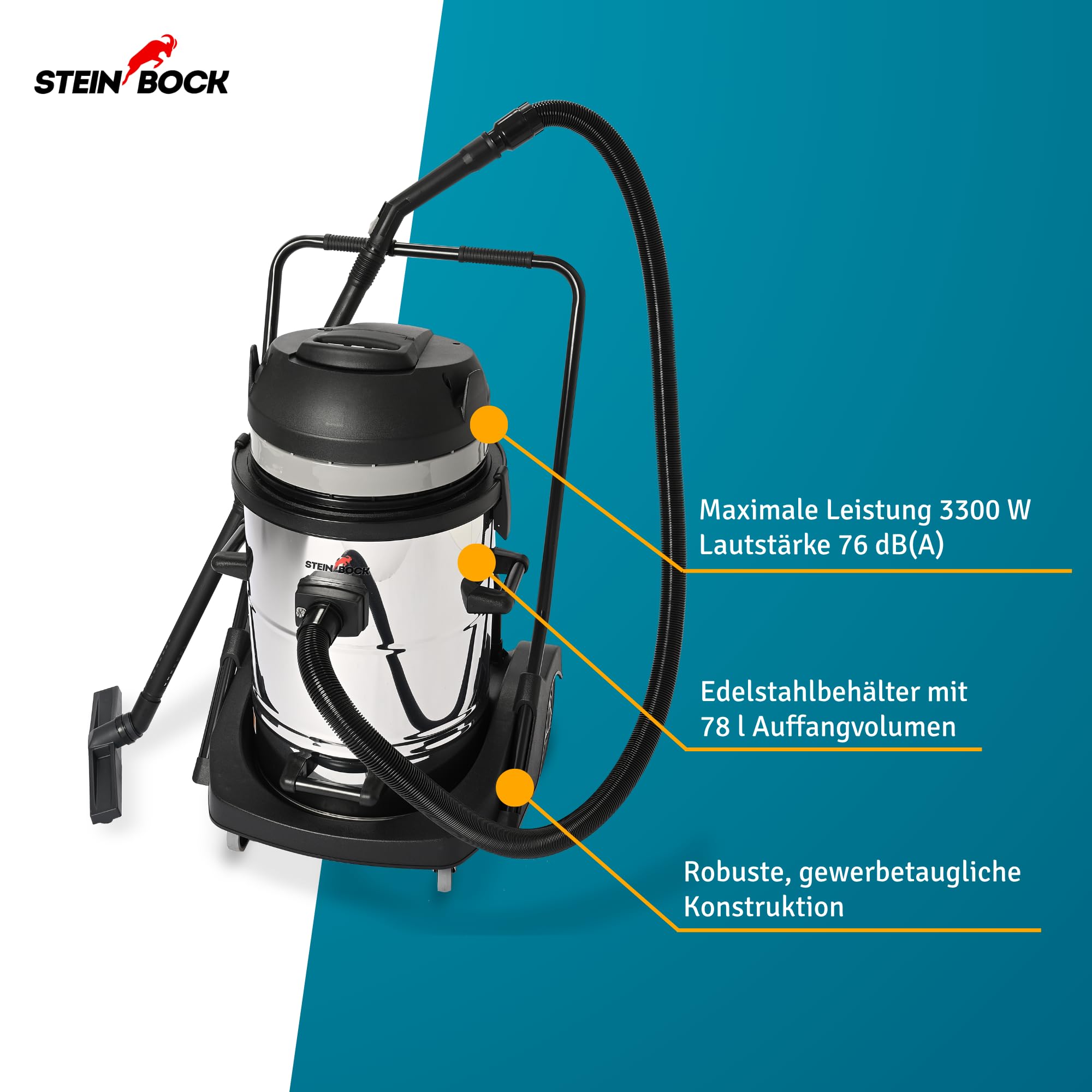 Steinbock Industriesauger nass & trocken| 3.300 Watt | 78 l Fassungsvermögen | mit 3 leistungsstarken Motoren | Für Flüssigkeiten, Feinstaub und groben Schmutz |Kippfahrgestell | Edelstahltank