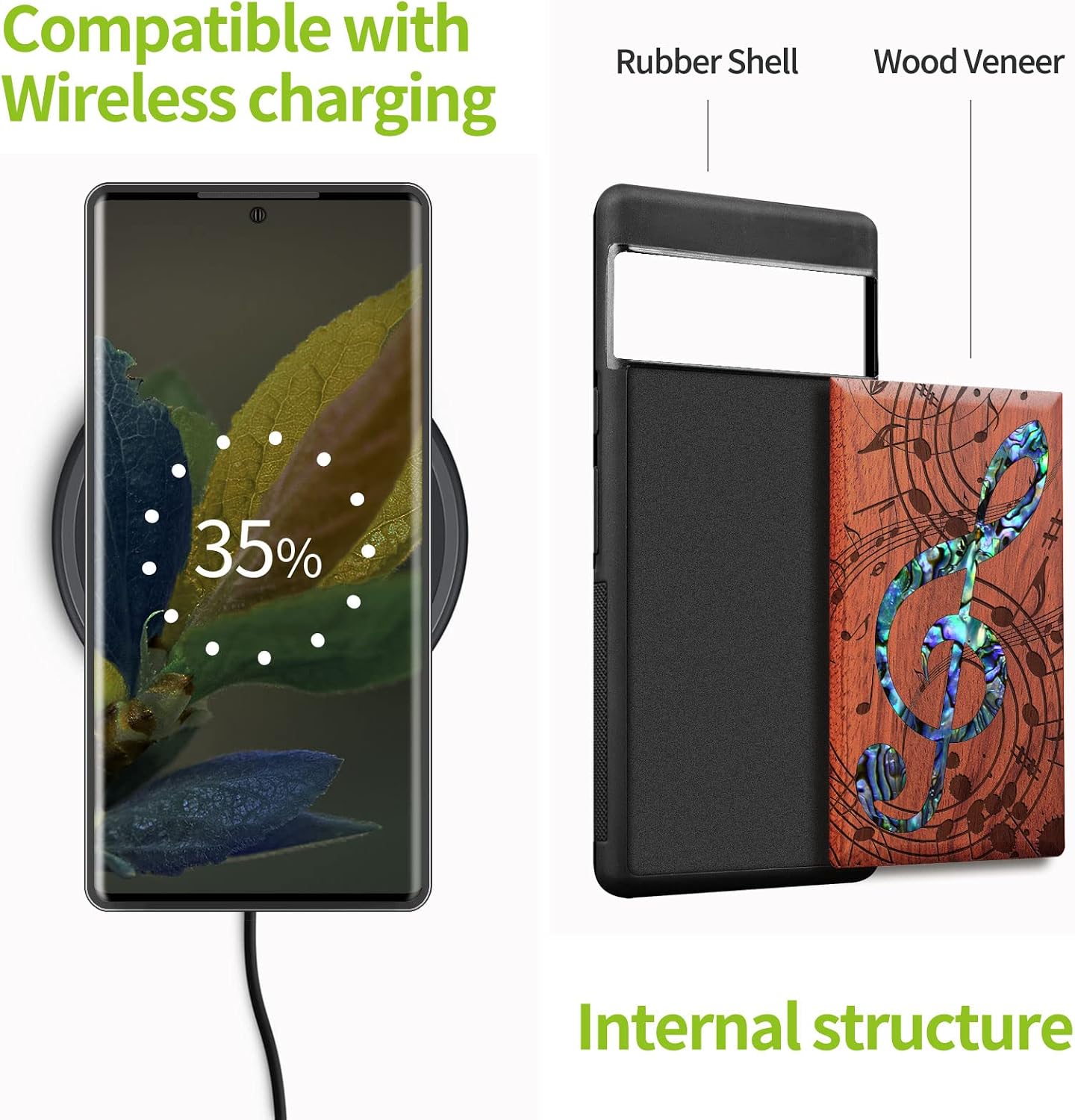 Carveit Designer Wooden Case for Google Pixel 7 Pro Case [Wood Engraving & Shell Inlay] Unique Wood Cover Compatible with Wireless Chargers Pixel 7 Pro (Musical Note-Rosy)