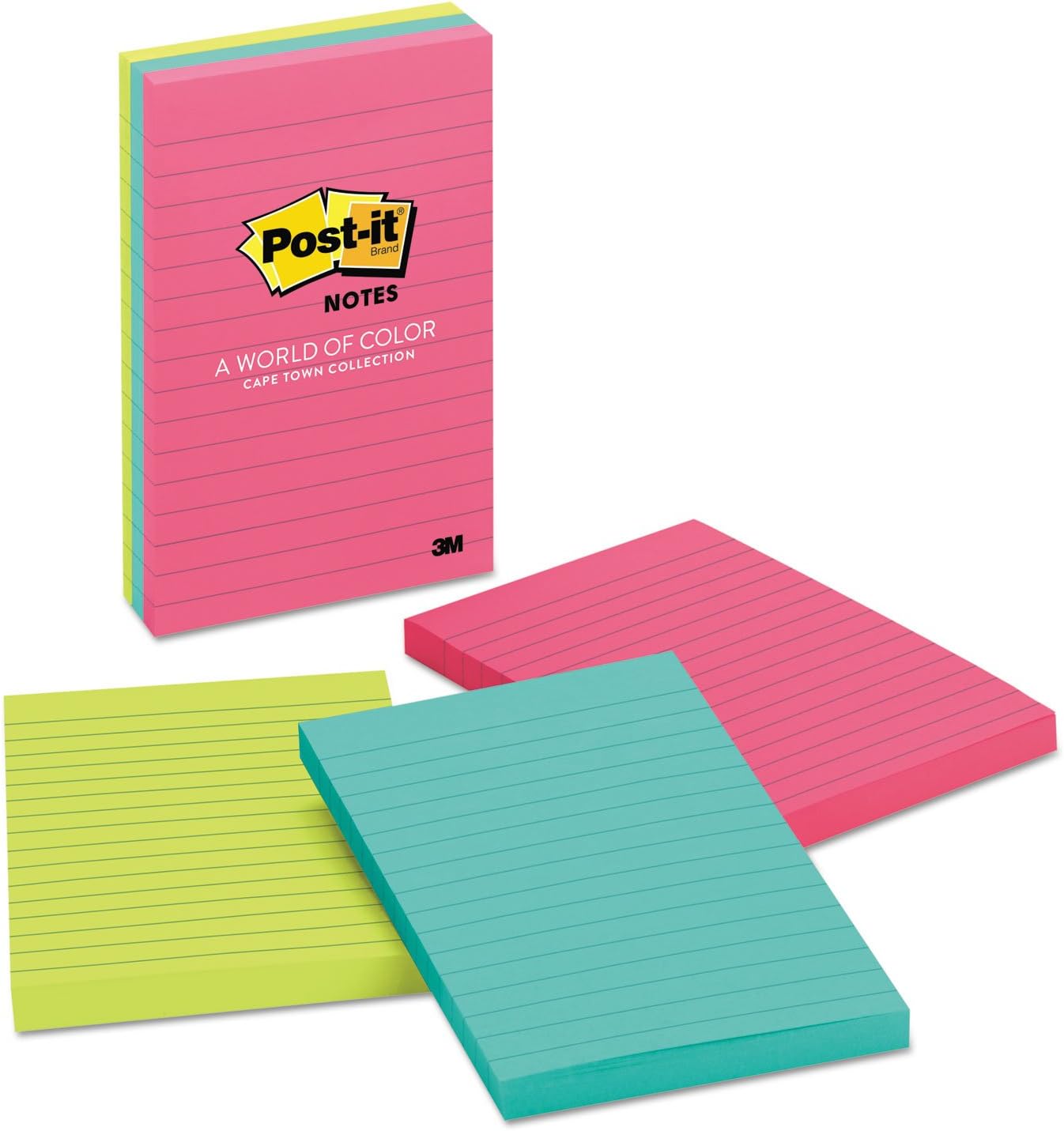 Post-it 6603AN Original Pads in Cape Town Colors, Lined, 4 x 6, 100-Sheet, 3/Pack