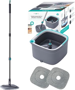 True & Tidy SPIN-800 TrueClean Mop and Bucket System Upgraded Version w/Side Brush & Self-Standing Handle, Self Wringing Spin Mop w/Separate Compartments for Clean and Dirty Water