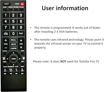 Universal Remote Control for Toshiba TV, Replacement for All Toshiba LCD LED HDTV 3D 4K UHD Smart TVs (Not for Fire TV)