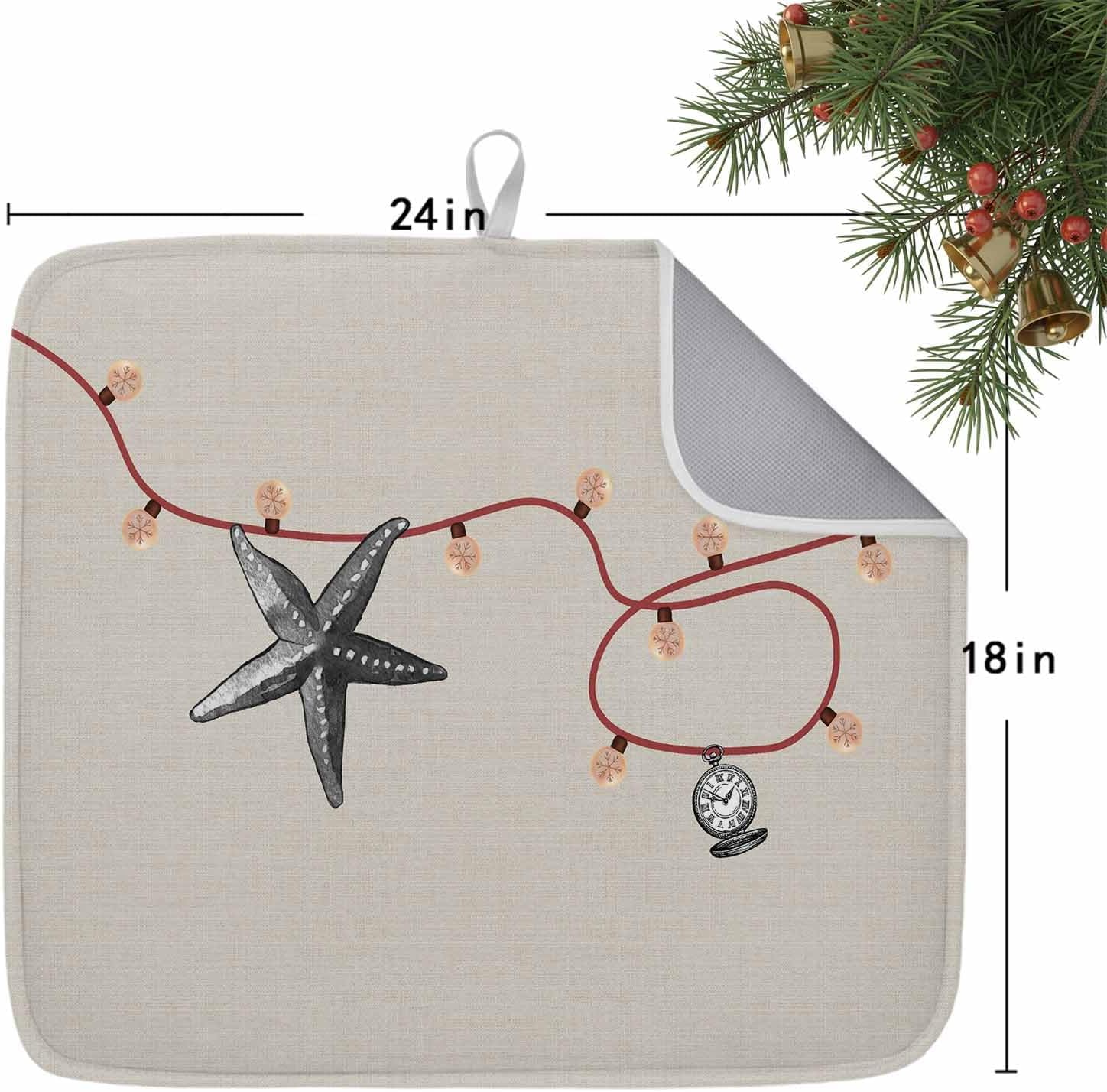 Christmas Star Pocket Watch on Burlap Dish Drying Mats for Kitchen Counter,Absorbent Microfiber Dish Drainer Rack Mat Vintage Light Balls Stripe Drying Pad for Sinks,Utensils,Countertops,18x24in
