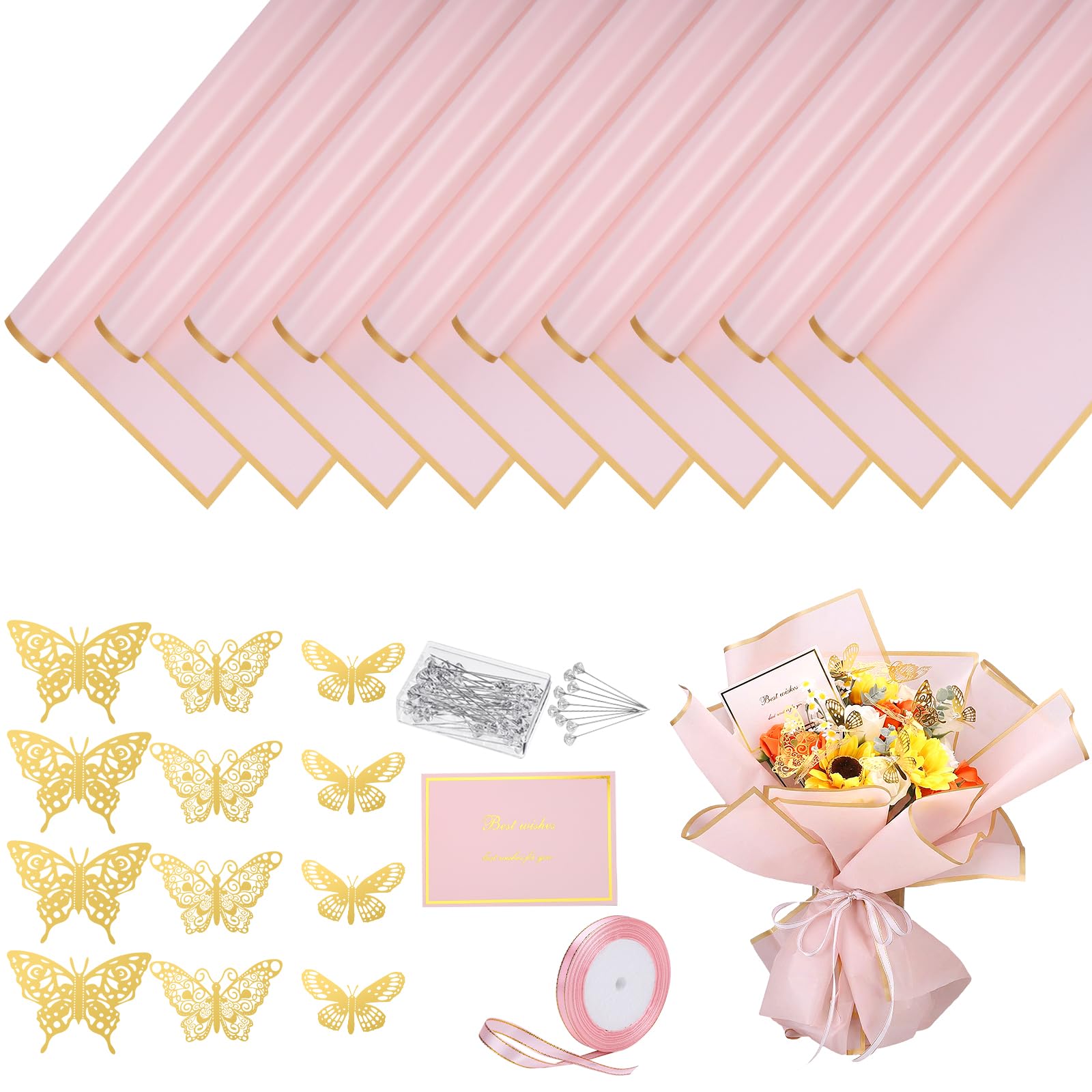 93-teiliges Geschenkpapier-Set für Blumenstrauß, 20 Blatt, wasserdichtes Geschenkpapier, 10 Grußkarten, 12 goldene Schmetterlinge, 50 Blumennadeln, 1 Rolle Band für Hochzeit, Abschlussfeier
