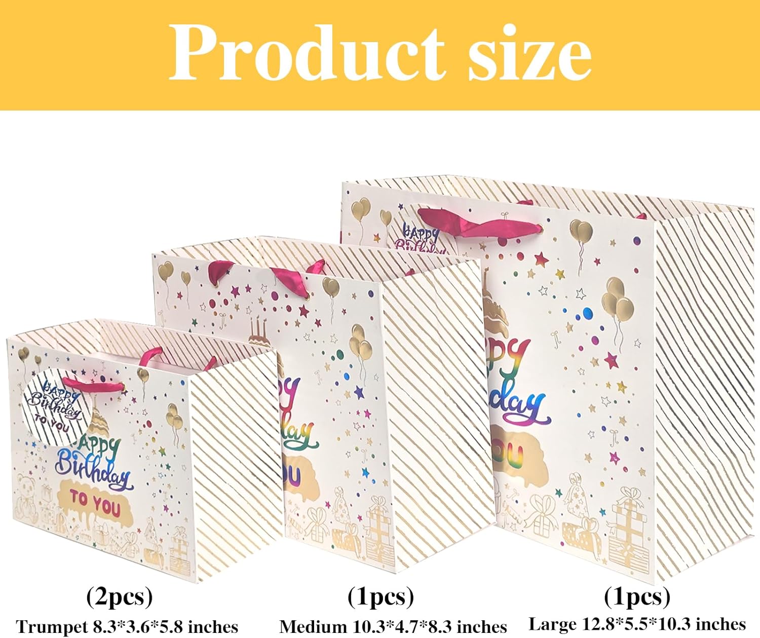 suosicn Birthday Gift Bag with Handle and Tissue Paper, Birthday Gift Bags Assorted Sizes 2 Small 8.3" 1 Medium 10.3" 1 Large 12.8" (4 Golden Birthday Cake Gift Bag) - Image 3