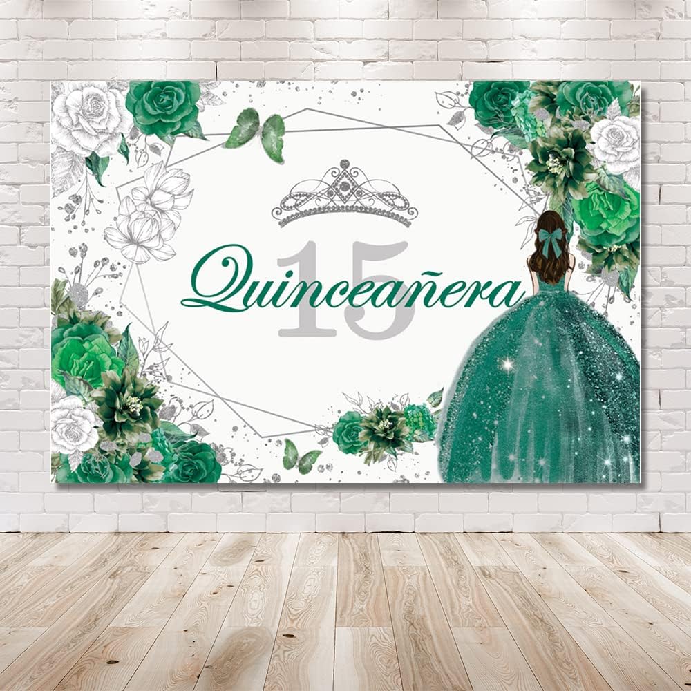 MEHOFOND Quinceanera Backdrop Sweet 15 Girls Miss Quince Banner Green and Sliver Rose Crown QuinceañEra Backdrop Girl in Princess Dress Fifteen Birthday Party Decorations Photo Background Props 8x6ft
