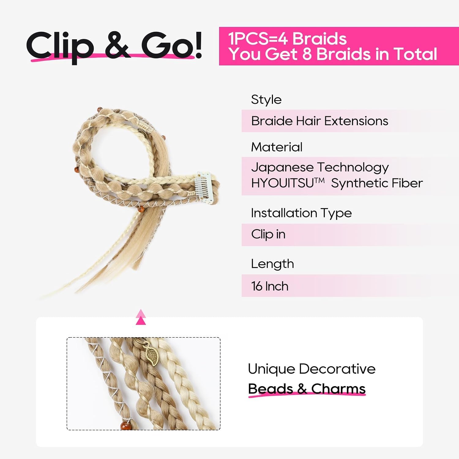 REECHO Clip in Braid Hair Extensions for Women, 16" Boho Dreadlock Clip in Braids with Beads & Charms, 2PCS Synthetic Braided Hairpieces for Cosplay Daily, Medium Blonde with Light Blonde
