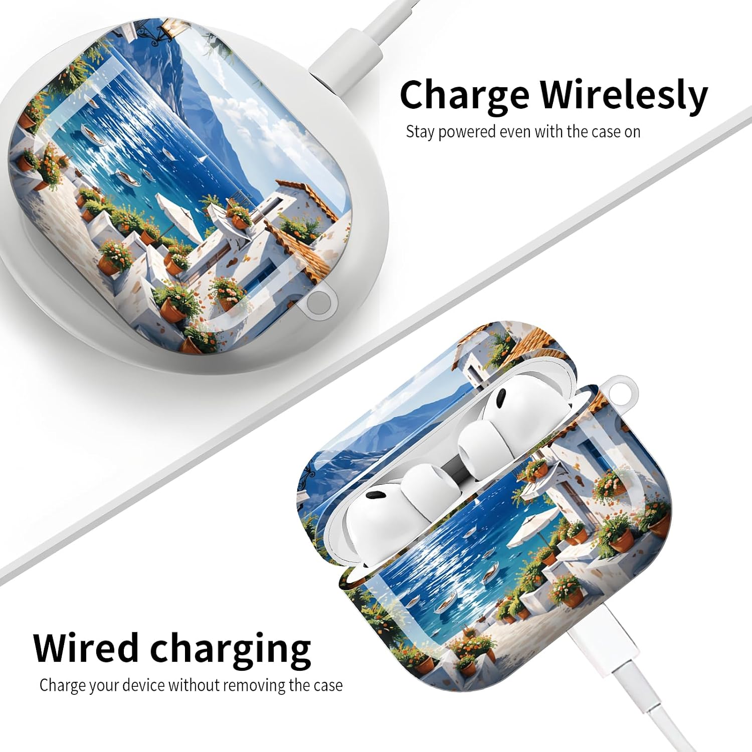 Compatible with AirPod Pro 3 Case, Cute Case Cover for Women, Full Protection Shockproof Hard Case with Keychain,Wireless Charging Case Accessories(Mediterranean Coastal Village Scene) image 5