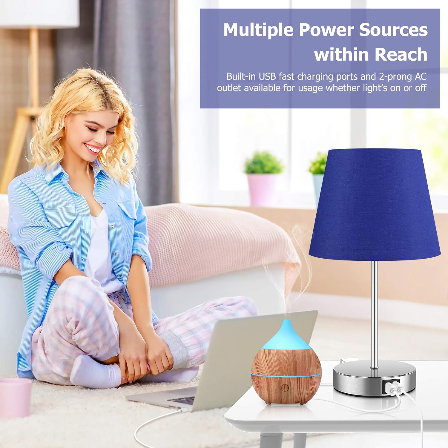 3 Way Dimmable Touch Control Table Lamp with 2 USB Ports and AC Power Outlet Modern Bedside Nightstand Lamp with Navy Blue Fabric Shade for Bedroom Living Room Office LED Bulb Included