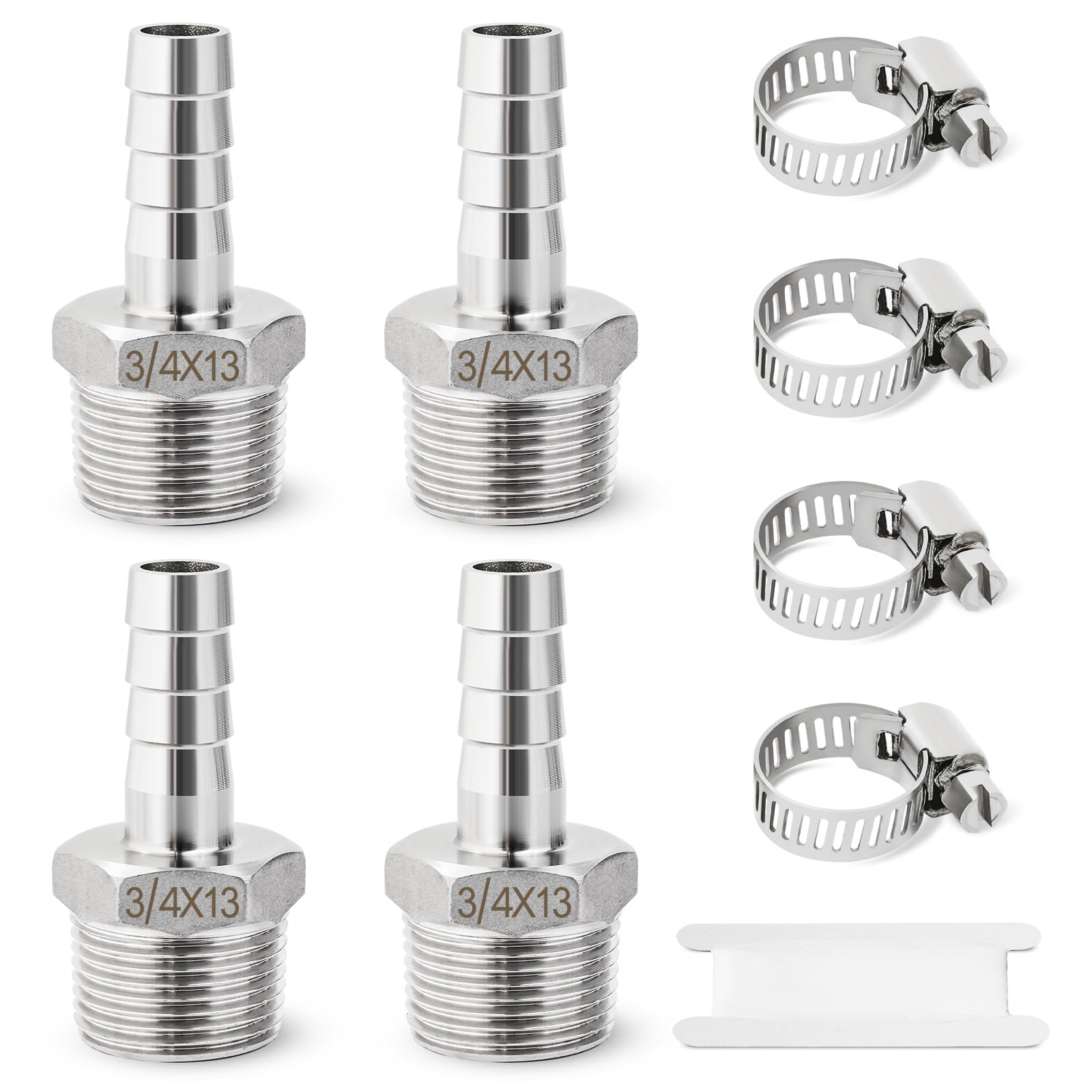 Josaton Barb Hose Fitting 4Pcs Stainless Steel 3/4” Male x 13mm Barb, Hose Barb Connector with Hose Clamp 4 Set Barb Pipe Fitting for Air Water Fuel