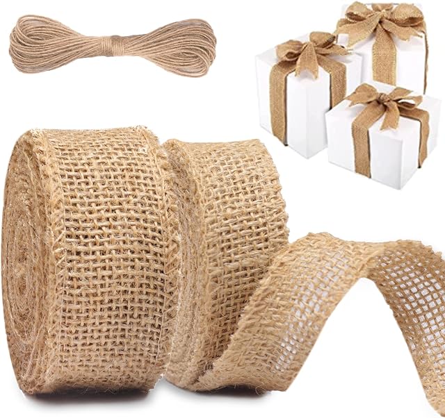 Hessian Ribbon, 10m Burlap Ribbon Rolls, Brown Jute Ribbon with Twine String, 2 Roll Natural Twine Ribbon, Vintage Jute Ribbon for Crafting Gift Wrapping Wedding (2.5/4cm Width)