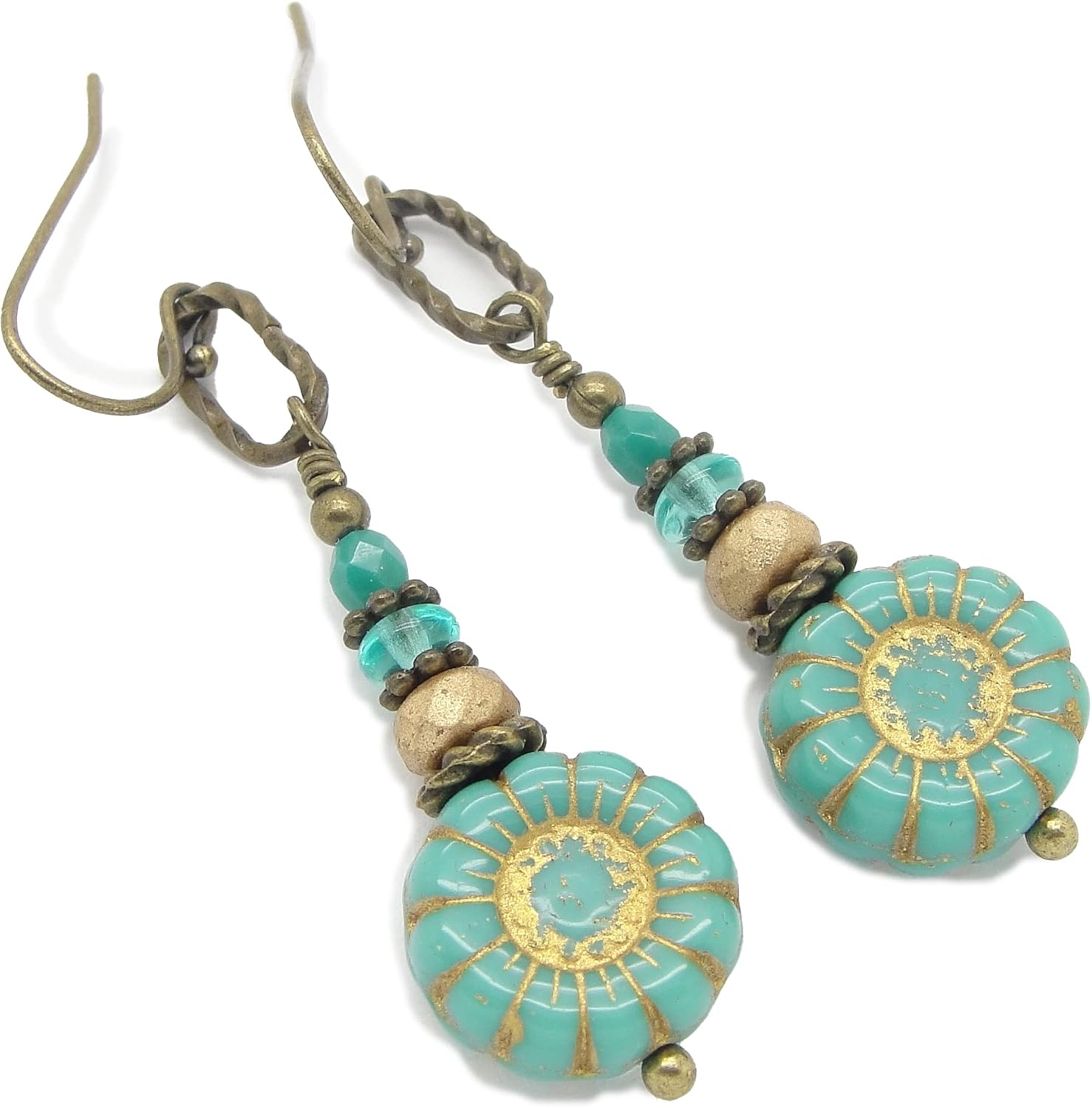 Handmade Blue Green Sunflower Earrings in Antiqued Brass