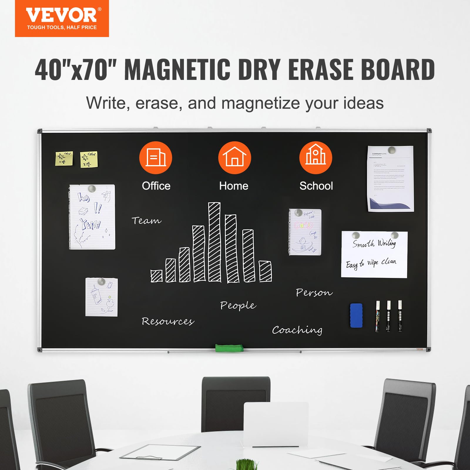 VEVOR Pizarra Magnética 175x100cm Pizarra de borrado en seco Marco de aluminio resistente Fácil montaje en pared con 3 rotuladores 1 borrador 6 imanes para presentaciones Trabajo Oficina Hogar Escuela
