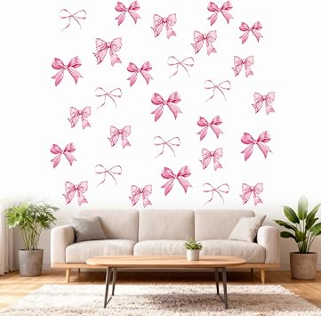 12 Sheets 69Pcs Pink Bow Wall Stickers, Watercolor Pink Bow Wallpaper, Easy Peel and Stick Wall Stickers for Girls Bedroom, Nursery, Living Room