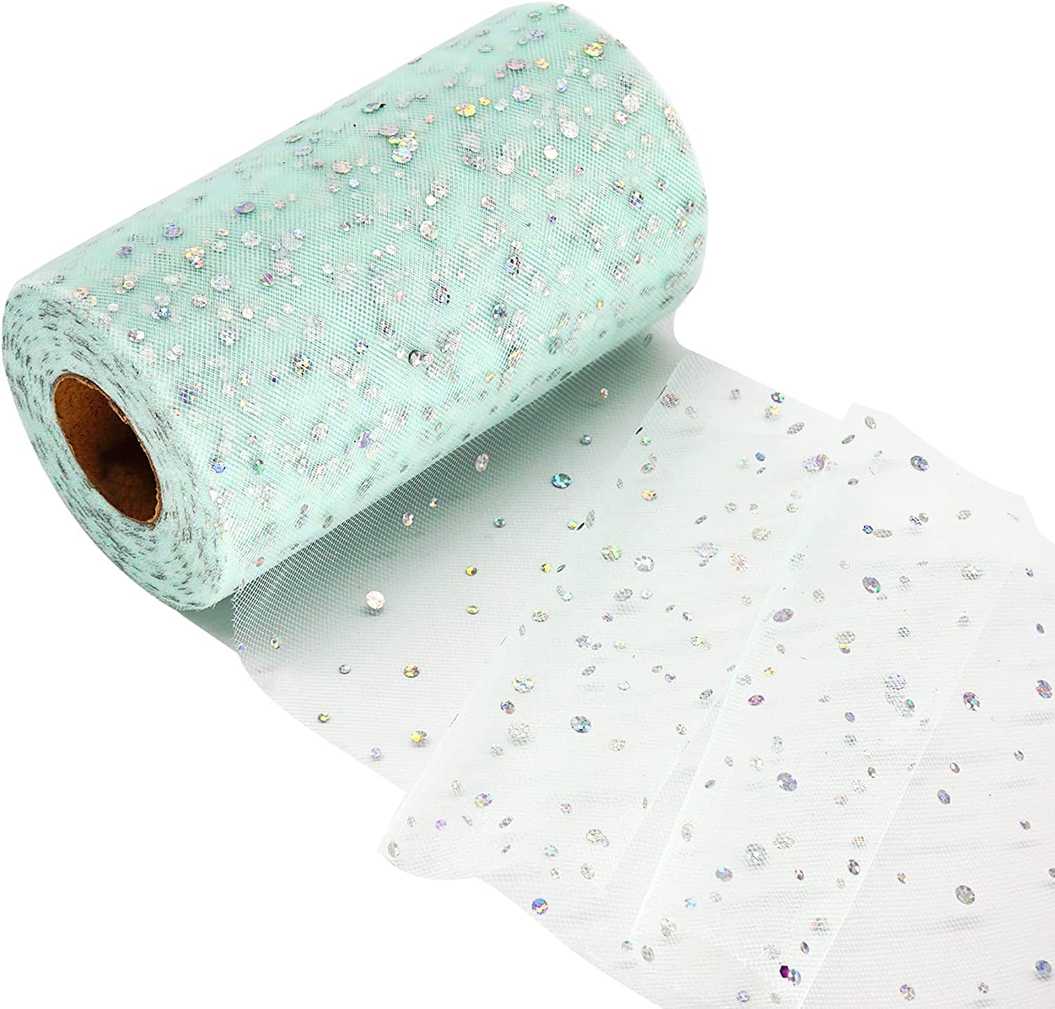Azonee Glitter Tulle Rolls, 6 inch x 25 Yards with Sparkling Star Sequin, for Birthday Gift Wrapping, Sewing, Bows, Table Runner, Chair Sash, Party, DIY Crafts, Glitter Tulle Fabric Rolls (Mint Green)