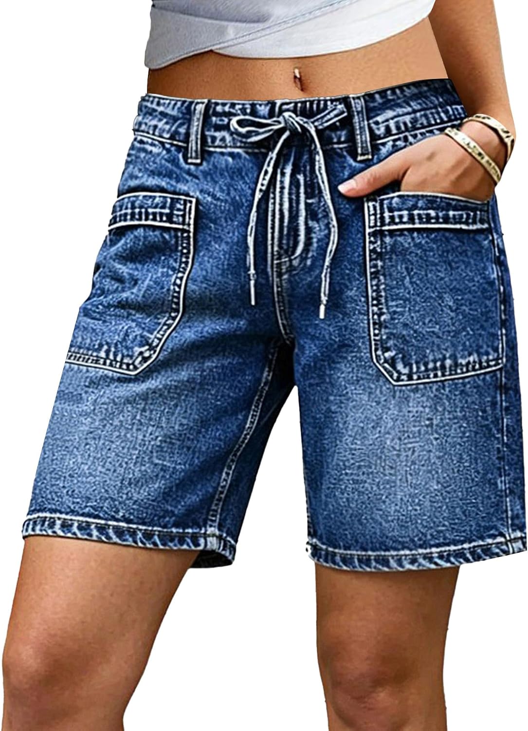 Flamingals High Waist Denim Bermuda Shorts for Women Raw Hem Stitch Detail Drawstring Summer Casual Jean Shorts with Pockets