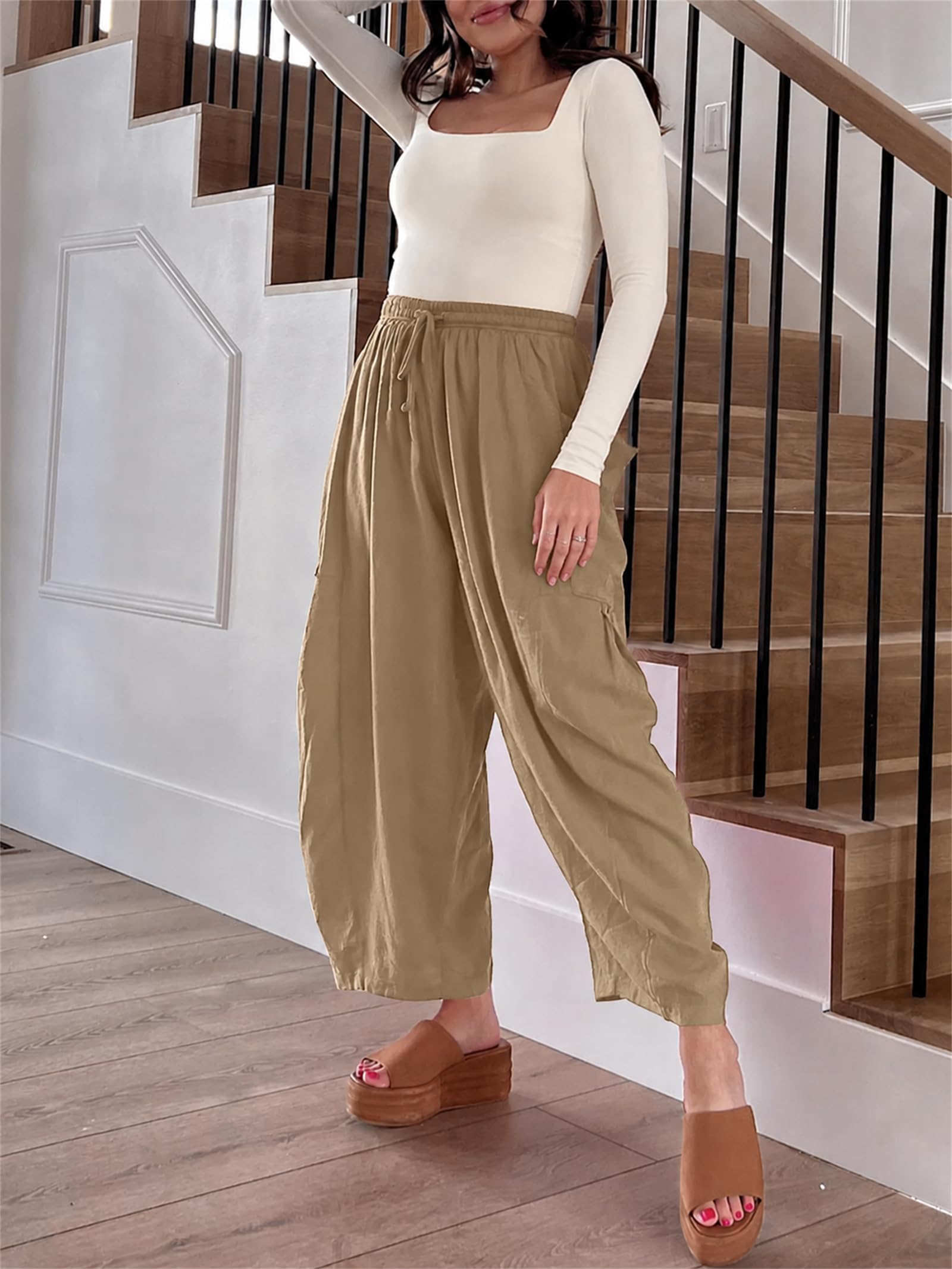 Pantalones Palazzo Anchos de Lino para Mujer, Estilo Casual, Holgados, con cordón Ajustable, Ideales para la Playa y el Verano