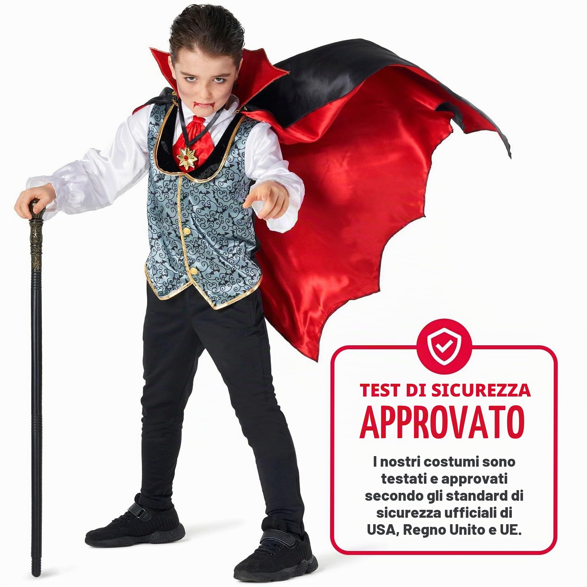 Morph Costume Vampiro Bambino, Costume Halloween Bambino | Panciotto con Camicia, Mantello, Bastone & Medaglione, Look Gotico, Perfetto per Halloween, Ideale per il Gioco di Ruolo