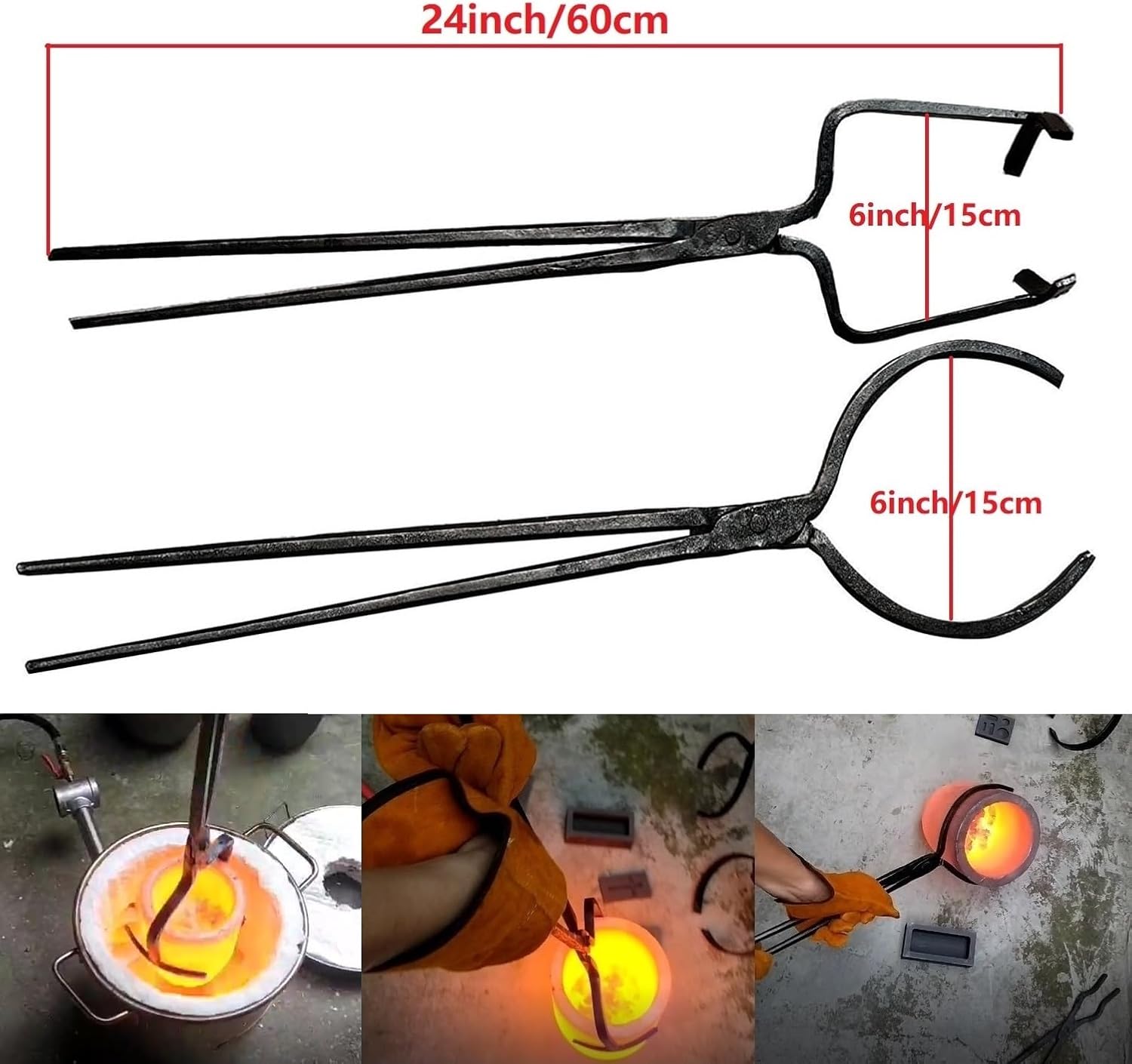 16KG Crucible Tongs Set for Melting Metal, 6 inch Jaw Size, 24 inch Length, with Lifting Tongs and Pouring Tongs