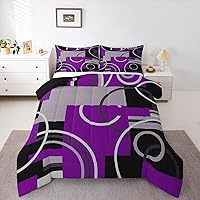 Vista 18 de Moderno juego de ropa de cama de color morado, negro y gris, edredón de círculos geométricos con espirales, edredón acolchado a rayas abstractas a