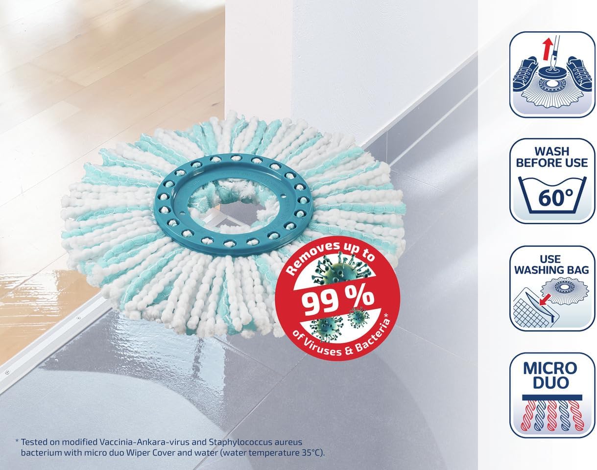 Leifheit Clean Twist Disc Mop Head – Dual-Fiber Microduo Replacement Mop for Clean Twist Ergo Set, Microfiber Bristles Clean Dirt from Grout, Machine Washable, Durable for All Floor Types – Turquoise