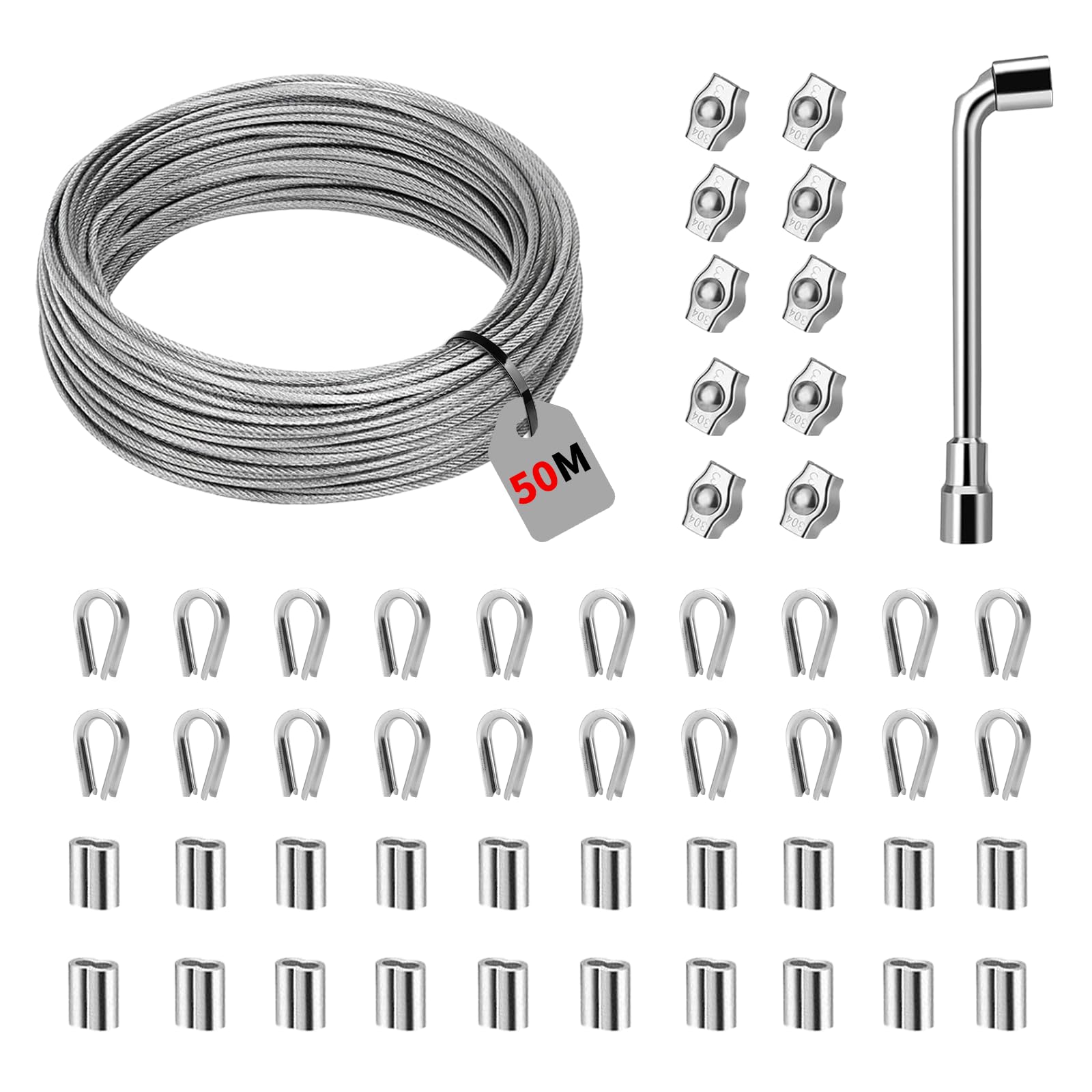 Lot 50M Câble Acier Kit, Câble Métallique en Acier Inoxydable Épais de 2mm, Tendeur Câble Inox, 304 Cable Acier Inoxydable à Noyau 7 x 7 Brins pour Plante Grimpante, Corde à Linge