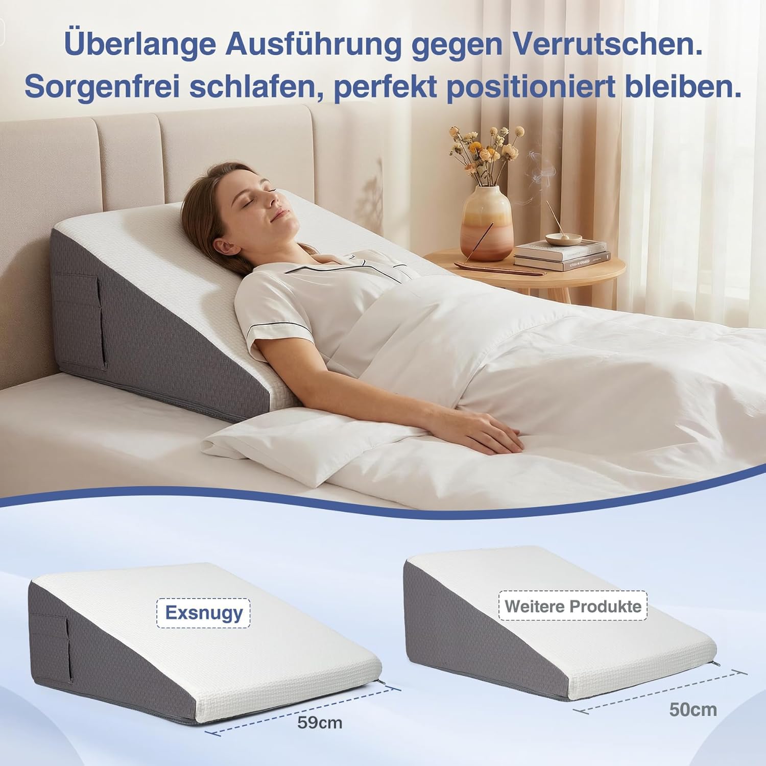 Exsnugy 25.5cm Keilkissen für Bett und Couch,Reflux Kissen Erwachsene | Lindert Schnarchen und Rückenschmerzen, Ideal nach Operation, Memory-Schaum mit Waschbarem Atmungsaktivem Bezug
