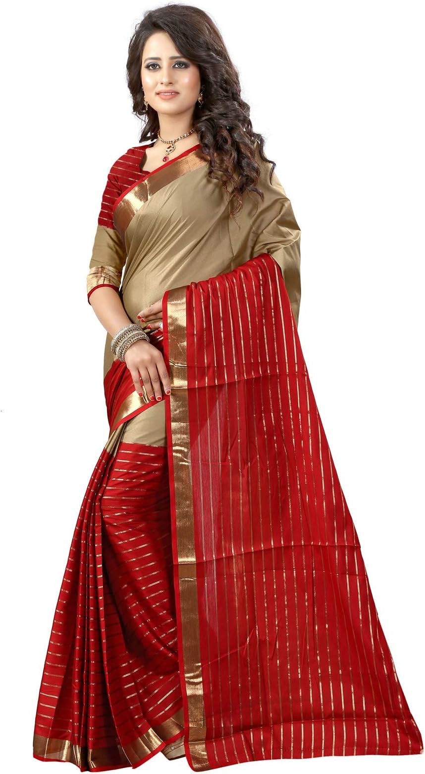Shree Sanskruti Women's Banarasi Cotton Saree with Blouse Piece (DJ Chikku Marooon_Beige and Maroon_FS_Beige, Maroon)