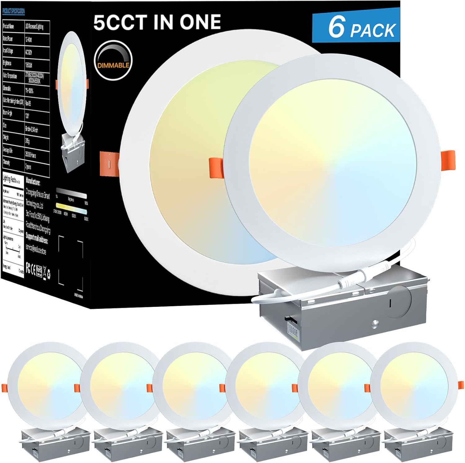ORALUCE 6 Pack LED Recessed Lighting 6 Inch with Junction Box Ultra-Thin, Dimmable 5CCT 2700K/3000K/4000K/5000K/6500K, 12W 100W Eqv, 1050LM Canless Downlight for Kitchen Hallway Dining Room