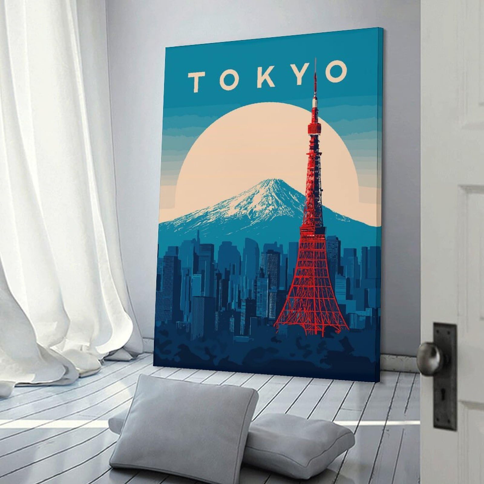 Junmoney Tokyo Cityscape with Mount Fuji(4) Canvas Wall Art 24x36inch(60x90cm), for Study, Office Or Focused Interiors, Home Office Artwork with Decorative Appeal