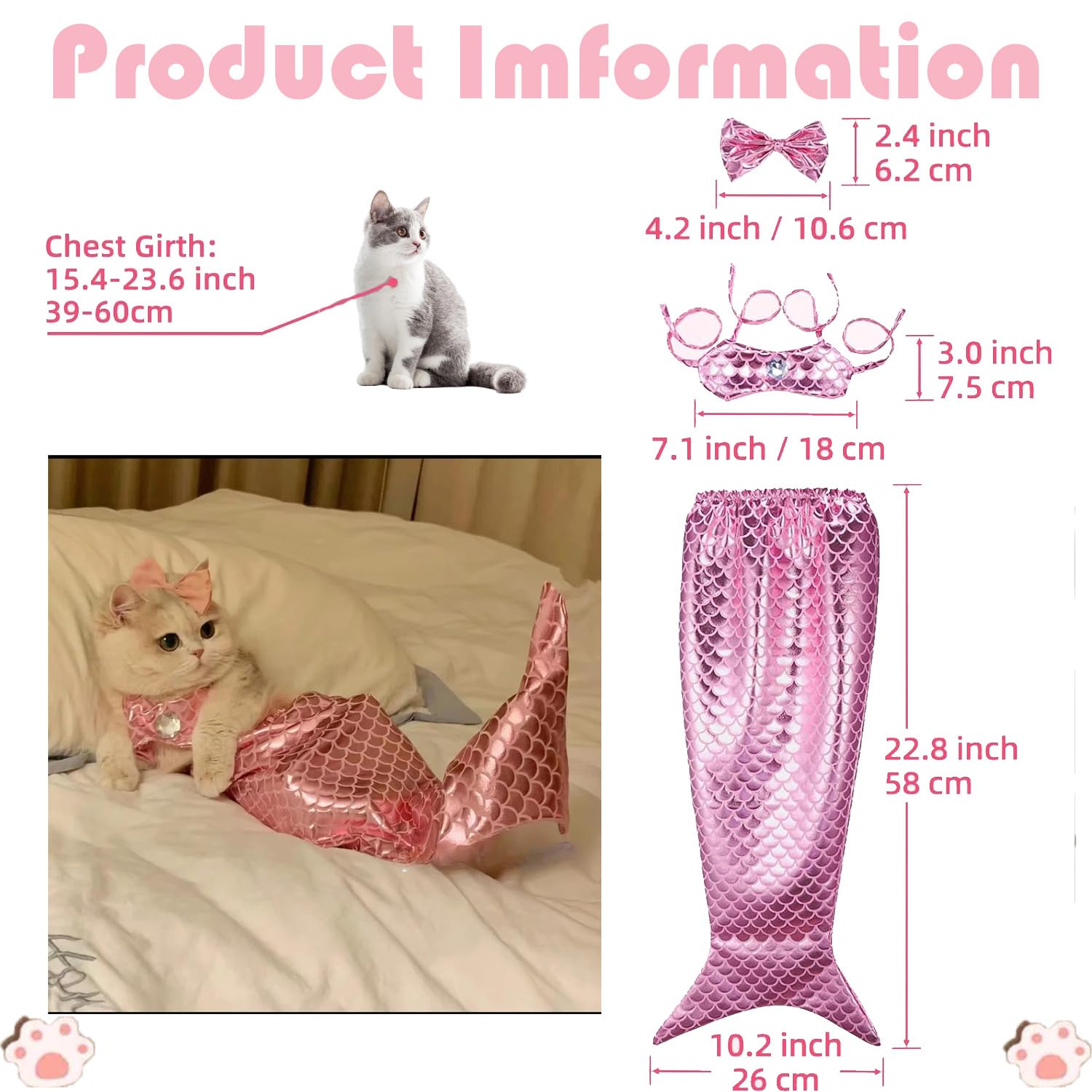 Cat Mermaid Costume - Funny Creative Decorative Clothing for Small Dogs or Cats, Photo Props and Party Supplies (Pink)