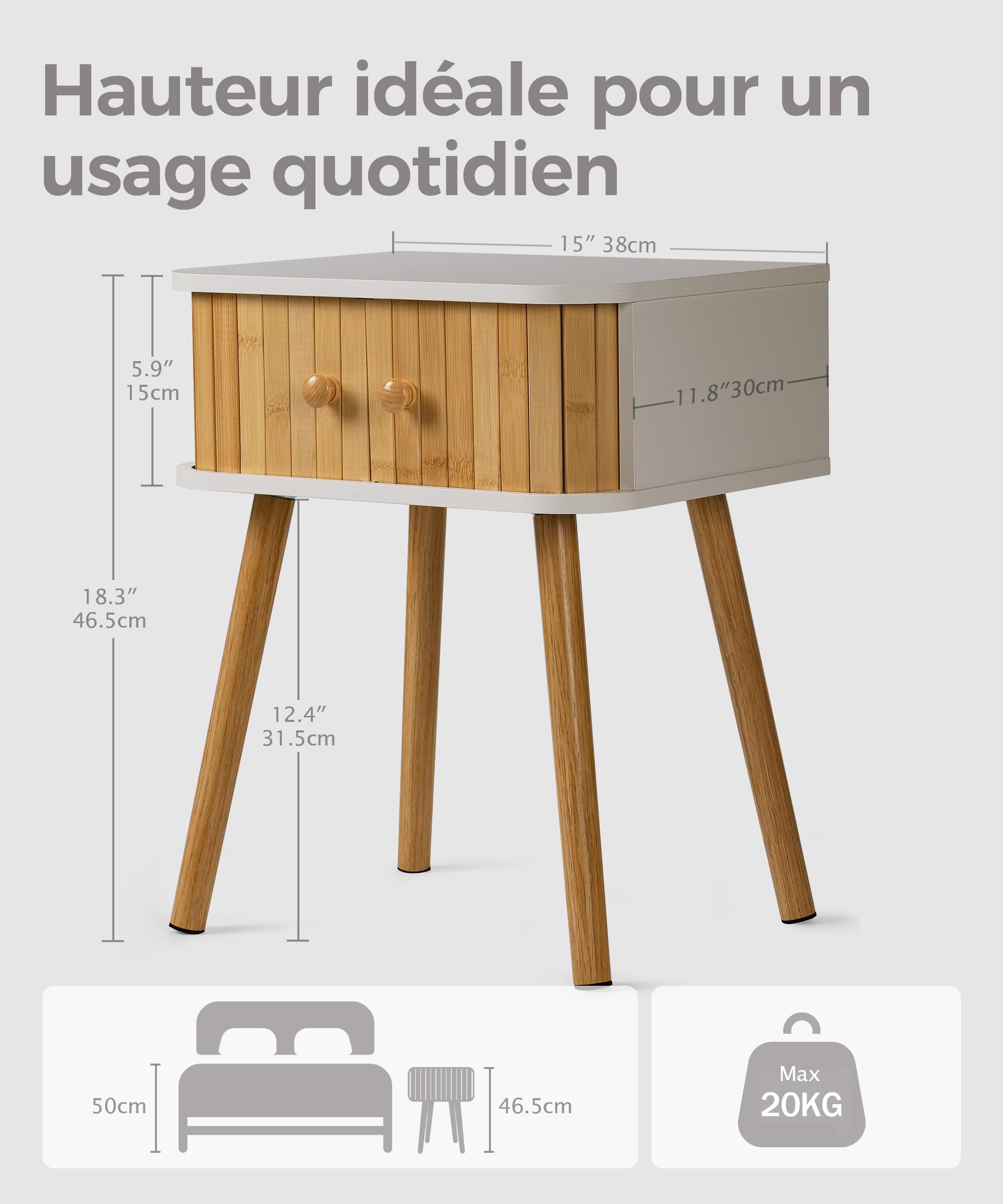 SUMGAR Tables de Chevet Blanche Table de Nuit Commode Bambou avec 2 Portes Coulissantes, Pieds en Bois Massif, Table d’Appoint, pour Chambre, Salon, Décoration Boho 38x30x15cm Blanc