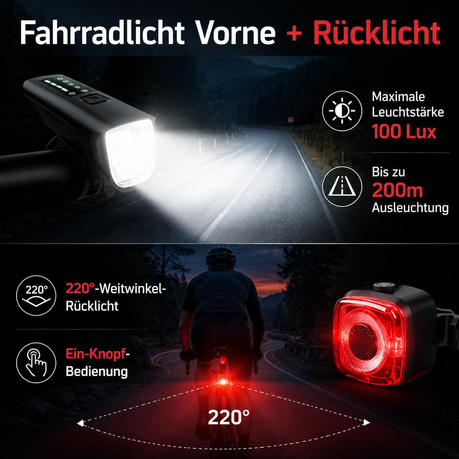 100 Lux Fahrradlampe Vorne, 4-Lichtmodi 2000mah, mit Fahrrad Rücklicht,USB C wiederaufladbar, für Erwachsene Straße, MTB Off-Road Radfahren Pendeln,StVZO Zugelassen