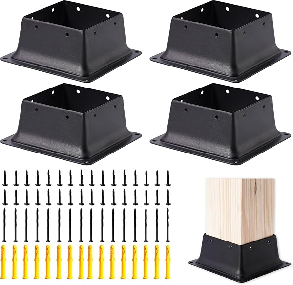 Vigtayue 4 x 4 Post Base Inner Size 4"x4"Deck Post Base Fence Post Anchor Black Powder-Coated Deck Post Base Fit 4"x4" Standard Wood Post Anchor for Deck Porch Handrail Railing Support (Black-4pcs) - 1