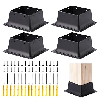 4 x 4 Post Base Inner Size 4"x4"Deck Post Base Fence Post Anchor Black Powder-Coated Deck Post Base Fit 4"x4" Standard Wood Post Anchor for Deck Porch Handrail Railing Support Black-4pcs