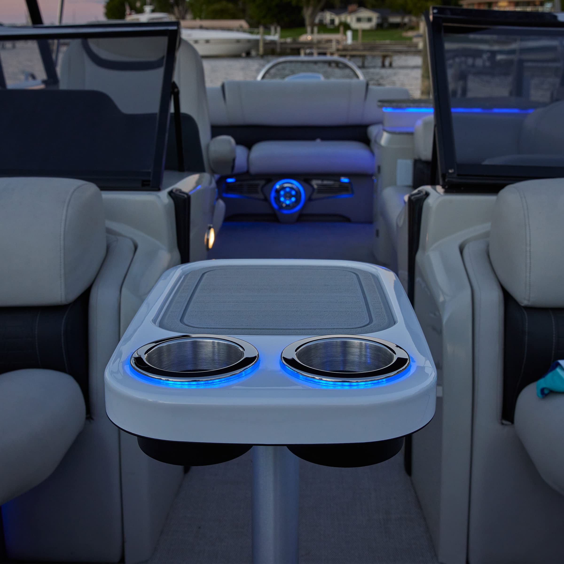Manufacturers' Select Battery Op Lit Marine Cocktail Boat Table Leg Set with Blue LED Drink Holders Pontoon Accessories, Pedestal Table (Glossy White Table/Silver Leg/Titanium Grey Mat)
