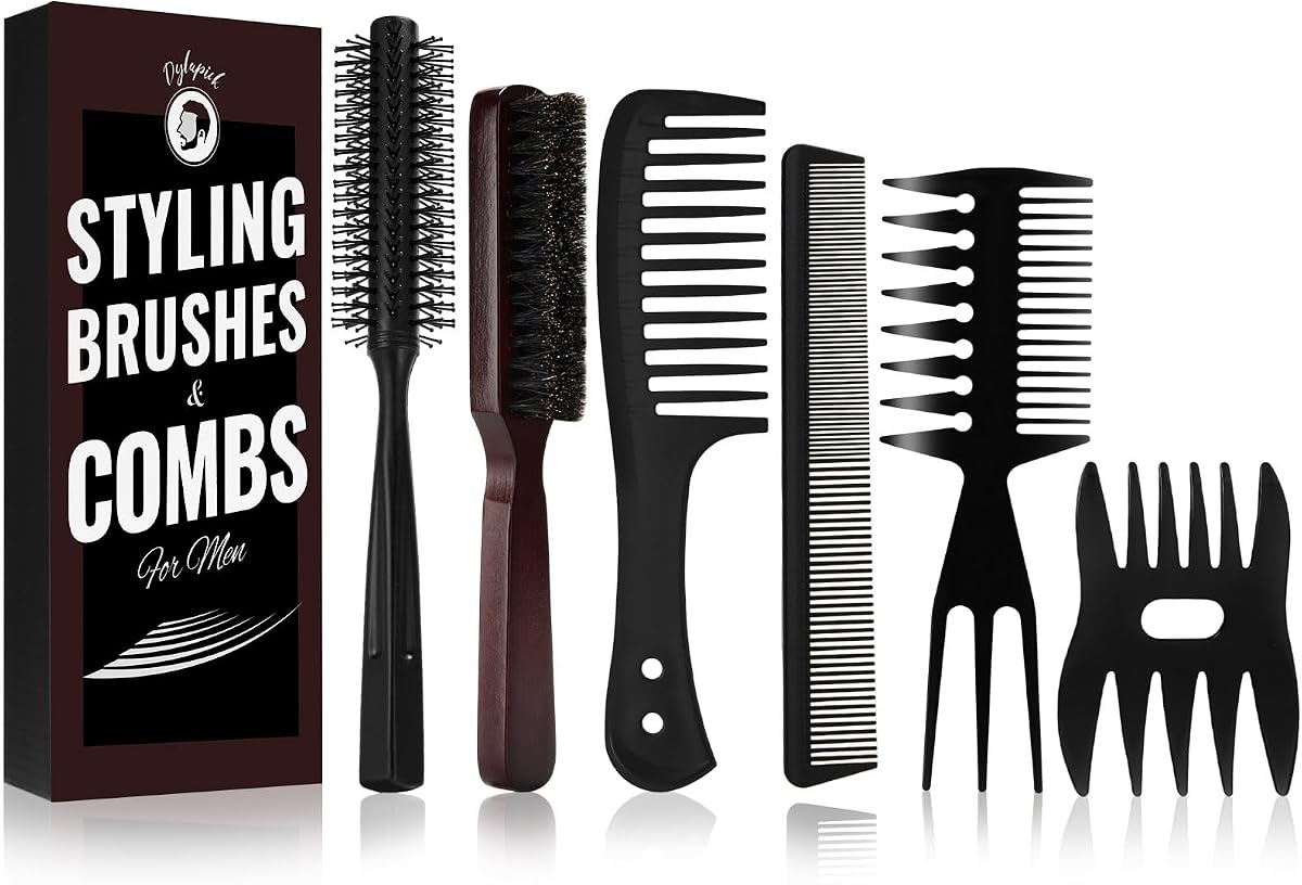 Juego de cepillos para el cabello y cepillos para barba para hombre,Juego de cepillos para barba con cerdas de jabalí | Kit de aseo para hombres todo en uno, regalos para hombres, cepillo para barba con cerdas de jabalí, peine con textura de dientes anchos, desenredar el cabello, secar con secador, peinar