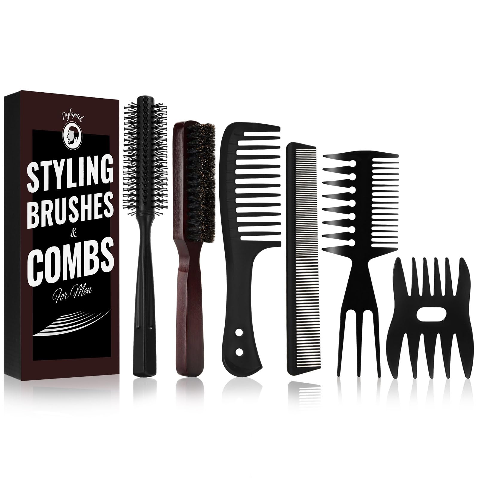Haarbürste Kamm Männer Styling,Wildschweinborsten Bartbürste Herren,Rundbürste,Lockenkamm,Kamm Grobzinkig,Sleek Bürste,Bartkamm,Friseur Kamm Set