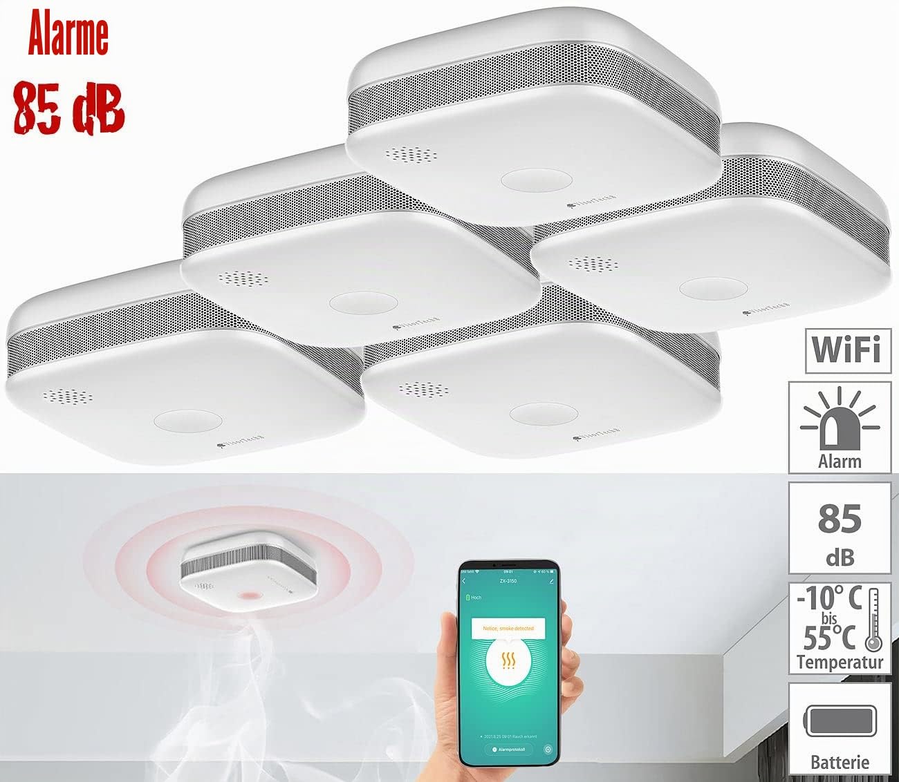 5 détecteurs de fumée design connectés RWM-190.app [VISORTECH]