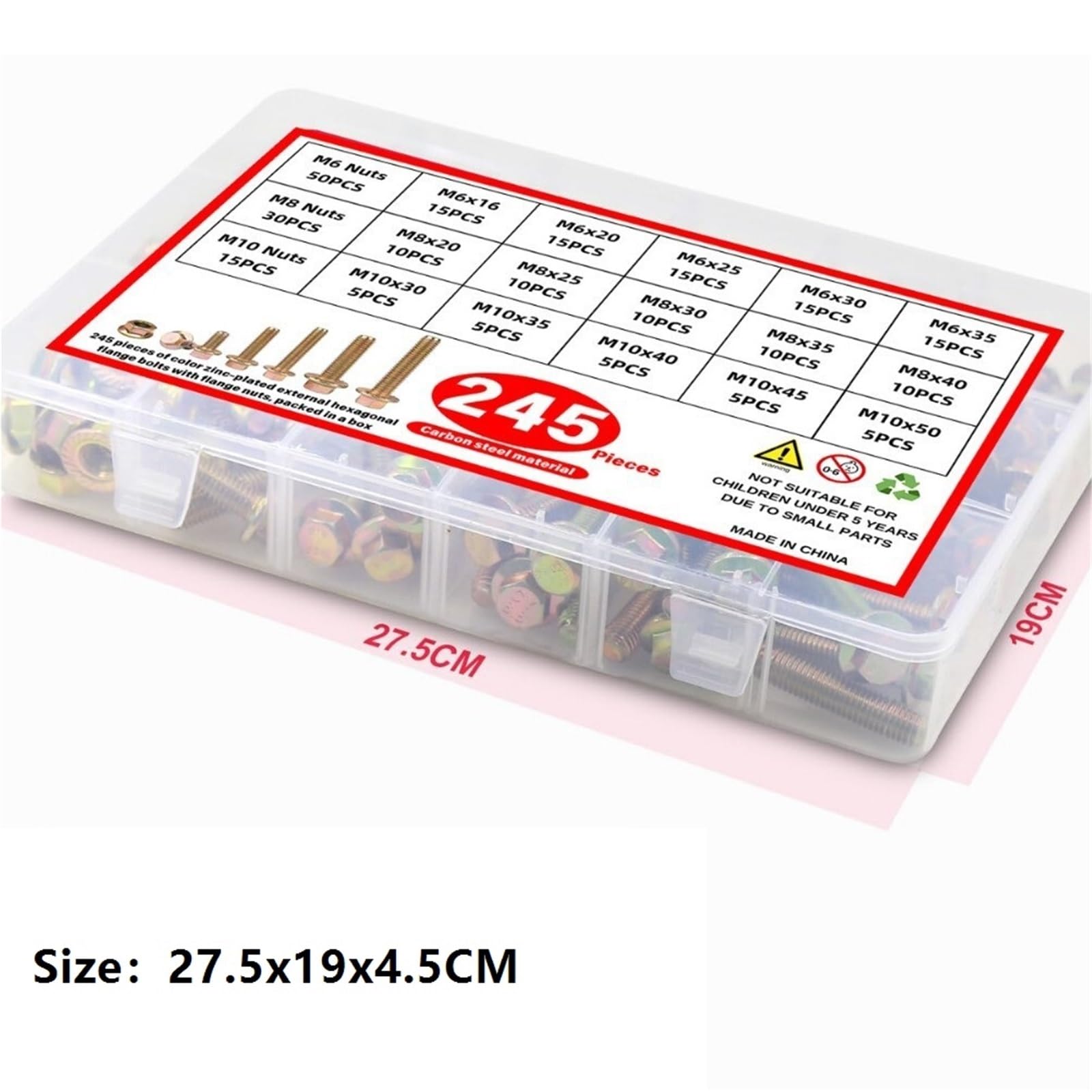 245-teiliges Schrauben- und Muttern-Set, Sechskantschrauben aus Kohlenstoffstahl mit Flanschmutter-Box, Schrauben- und Muttern-Sortiment und Unterlegscheiben