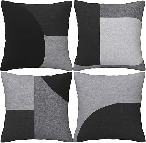 LOHDALOLF Juego de 4 fundas de almohada geométricas de 18 x 18 pulgadas, color negro, blanco y gris, fundas de cojín decorativas abstractas para sofá