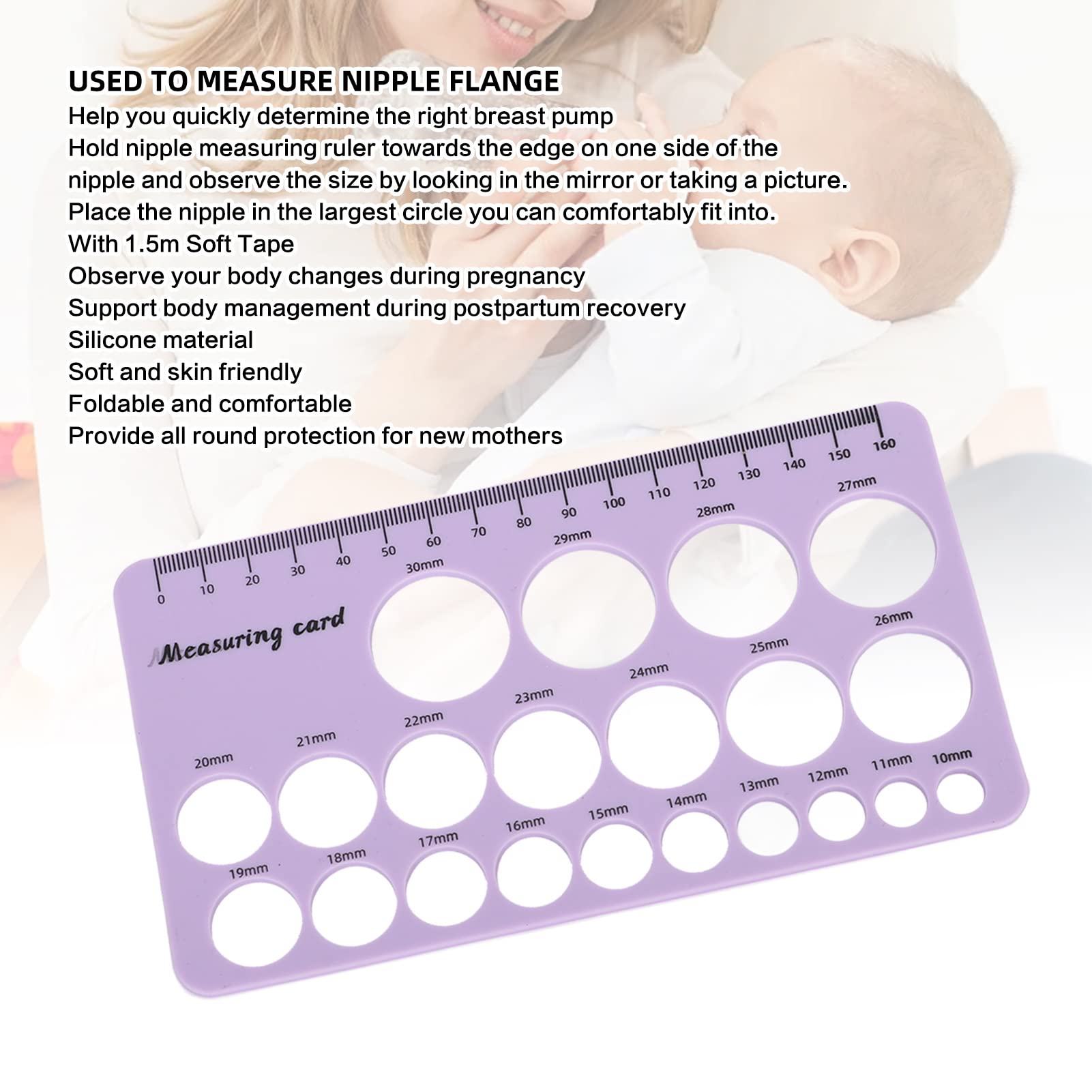 Outil de Mesure de la Bride de Mamelon en Silicone pour le Support D'allaitement Maternel de Pompe à Lait 1,5 M de Ruban Souple (Violet)
