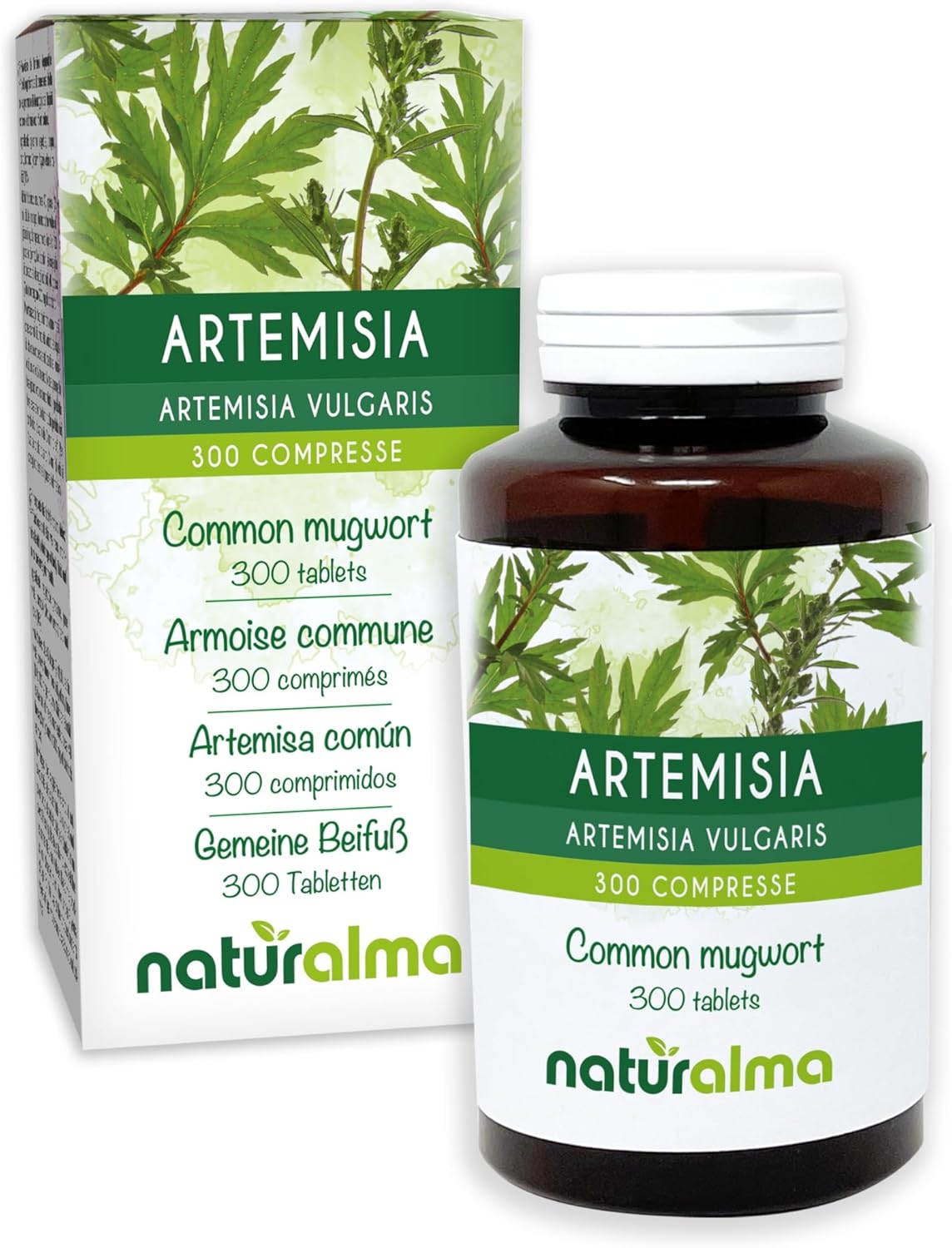 Common Mugwort (Artemisia vulgaris) herb with Flowers Naturalma - 150 g - 300 Tablets - Food Supplement - Natural and Vegan - Amazon product rated Grade A