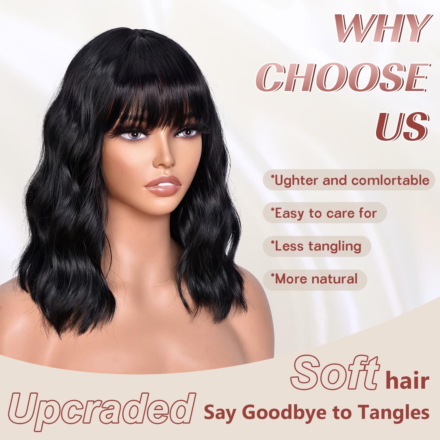 Black Bob Wig With Bangs Wave Wigs for Women 14 Inch Short Loose Wavy Heat Resistant Synthetic Wig Shoulder Length Natural Color Hair for Daily and Party Use - Image 2