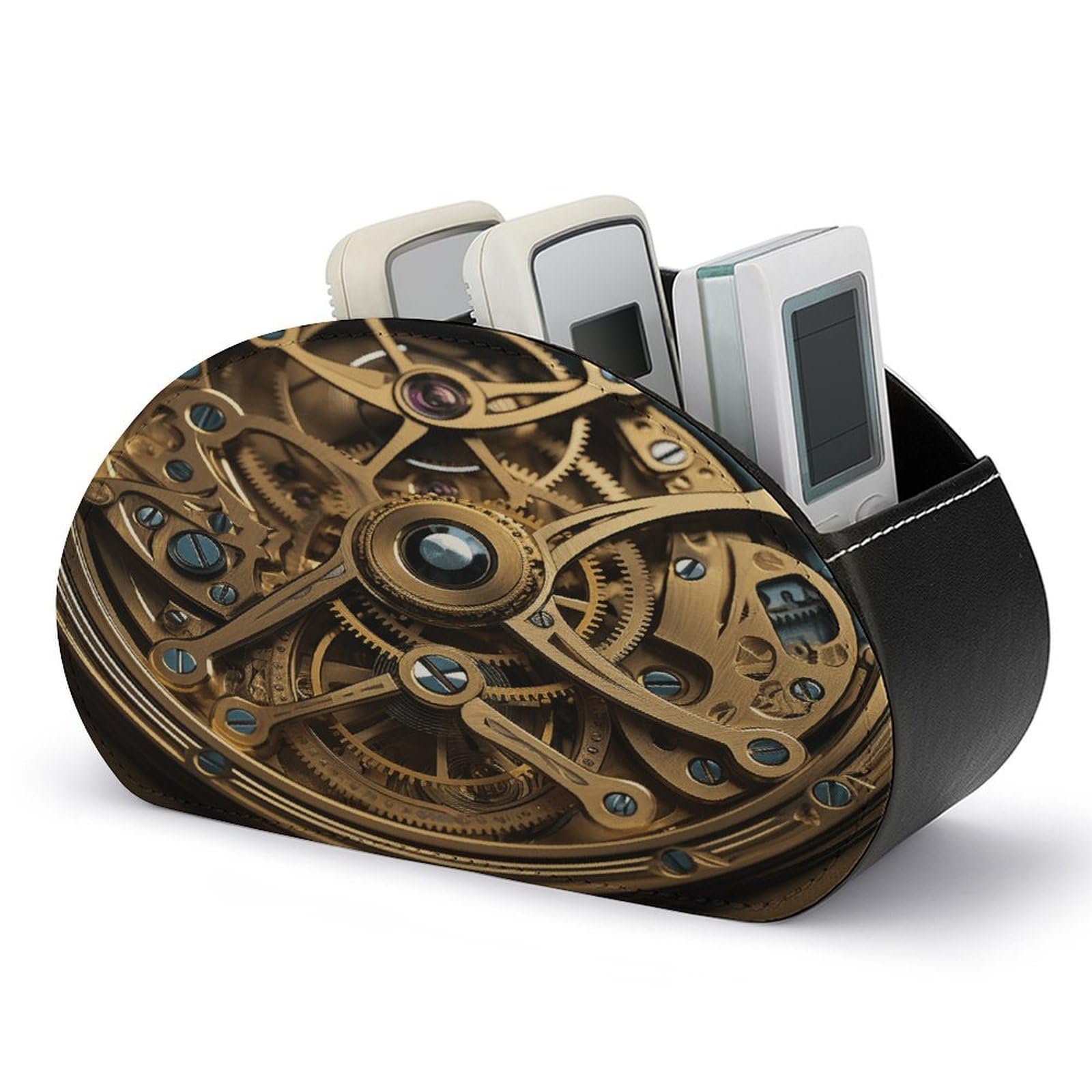 VstaDank Cool Steampunk Gears Remote Control Holder with 5 Compartments PU Leather TV Remoter Caddy Desktop Organizer TV Remote Holder Remote Box for Media Controllers Office Supplies
