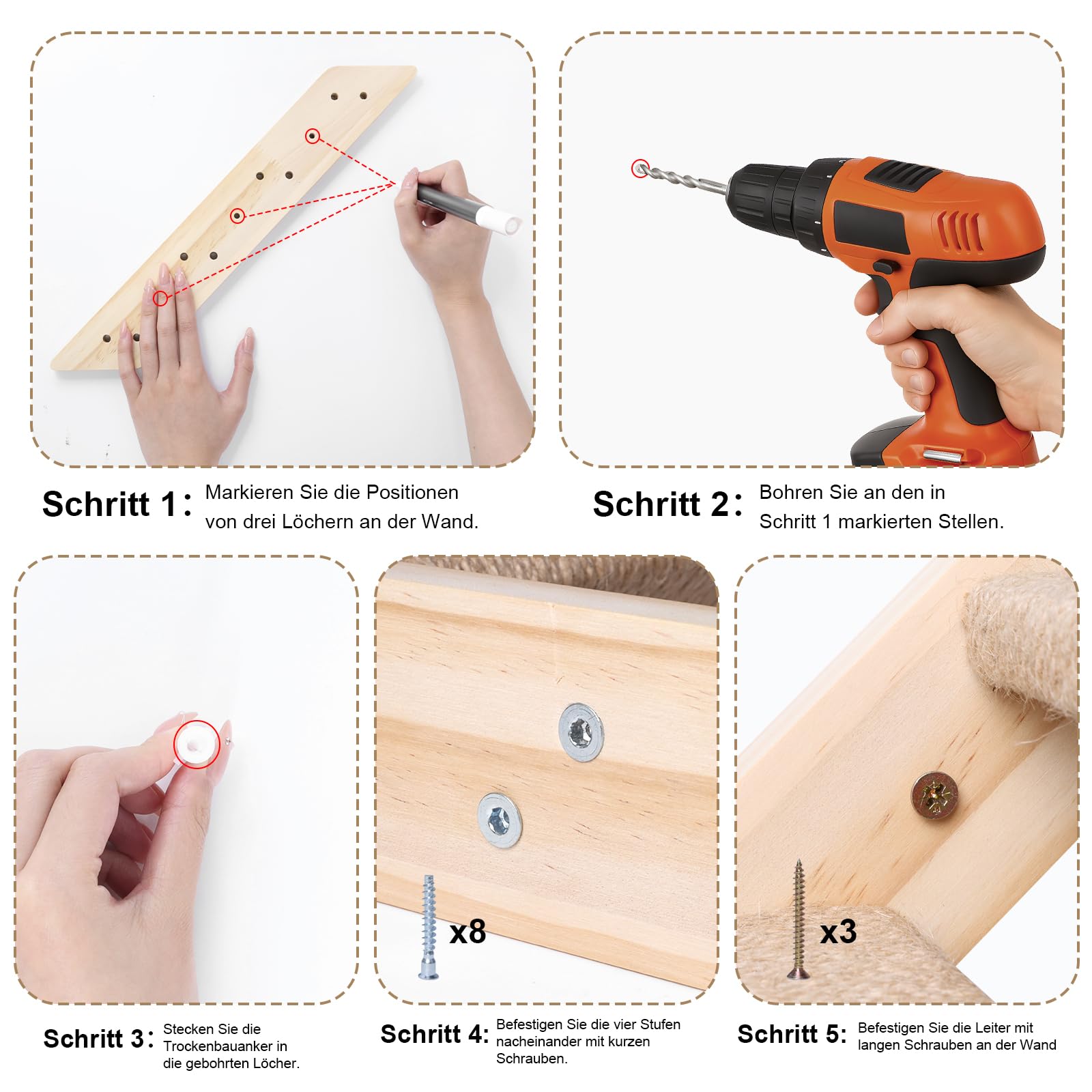 Katzentreppe Wand 4 Stufen Kletterwand für Katzen, DIY Kletterwand Katzen, Katzenleiter Mit Juteseil Wandliege aus Massives Gummiholz für Katze Klettern Spielen, Maximale Tragfähigkeit 15kg