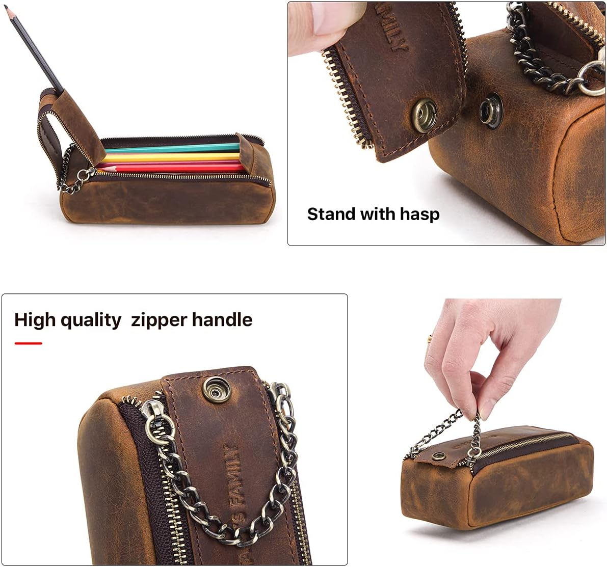 Hiram Leather Pencil Case Portable Dual Zippered Open Pen Box High Capacity Vintage Stationery Case Pencil Organizer Bag for Students Professionals and Artists - Image 4