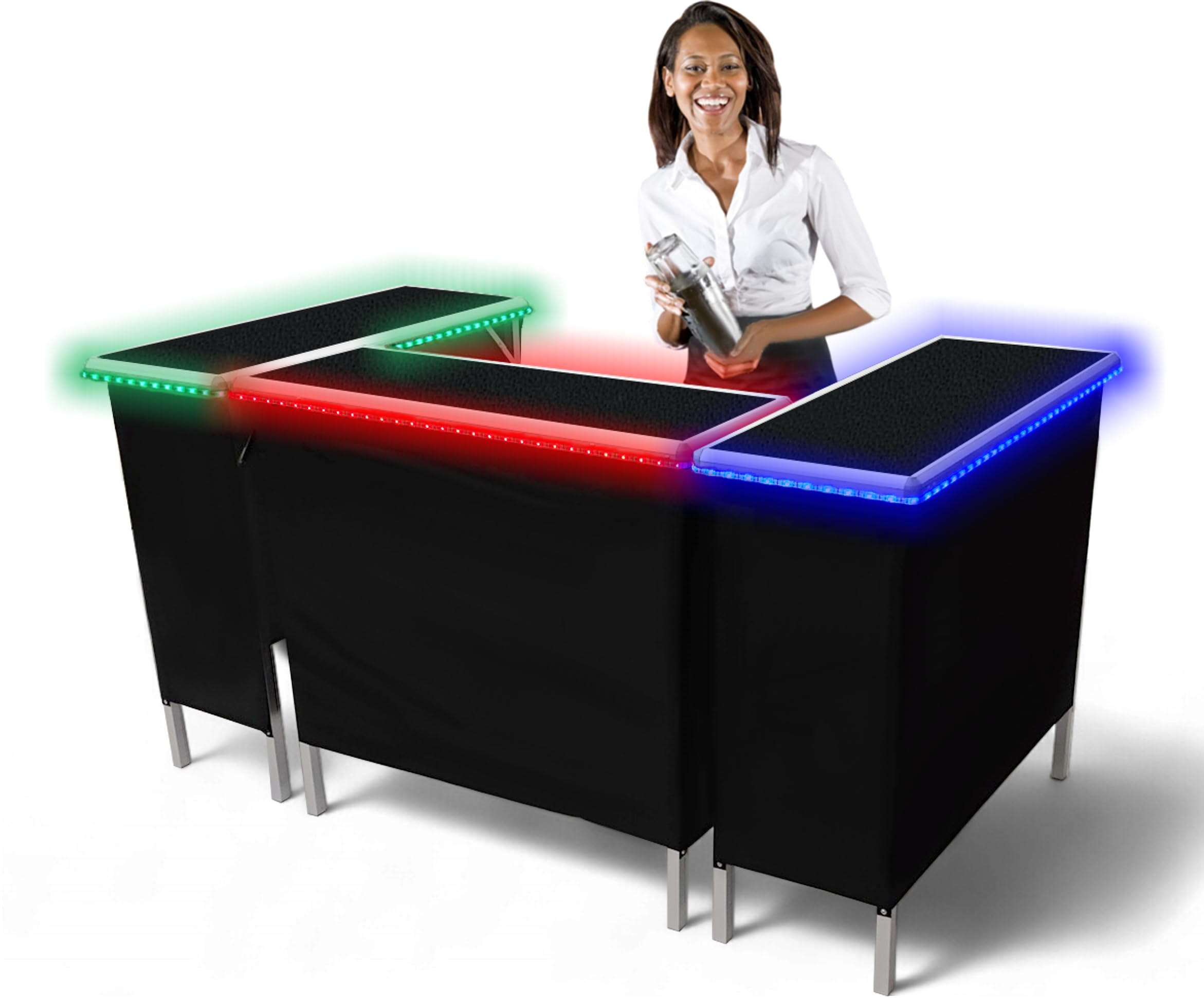 PARTYPONG Folding Portable Triple Bar w/LED Lights, Wireless Remote, 2 Bar Skirts, Storage Shelf, & Carrying Case - Black